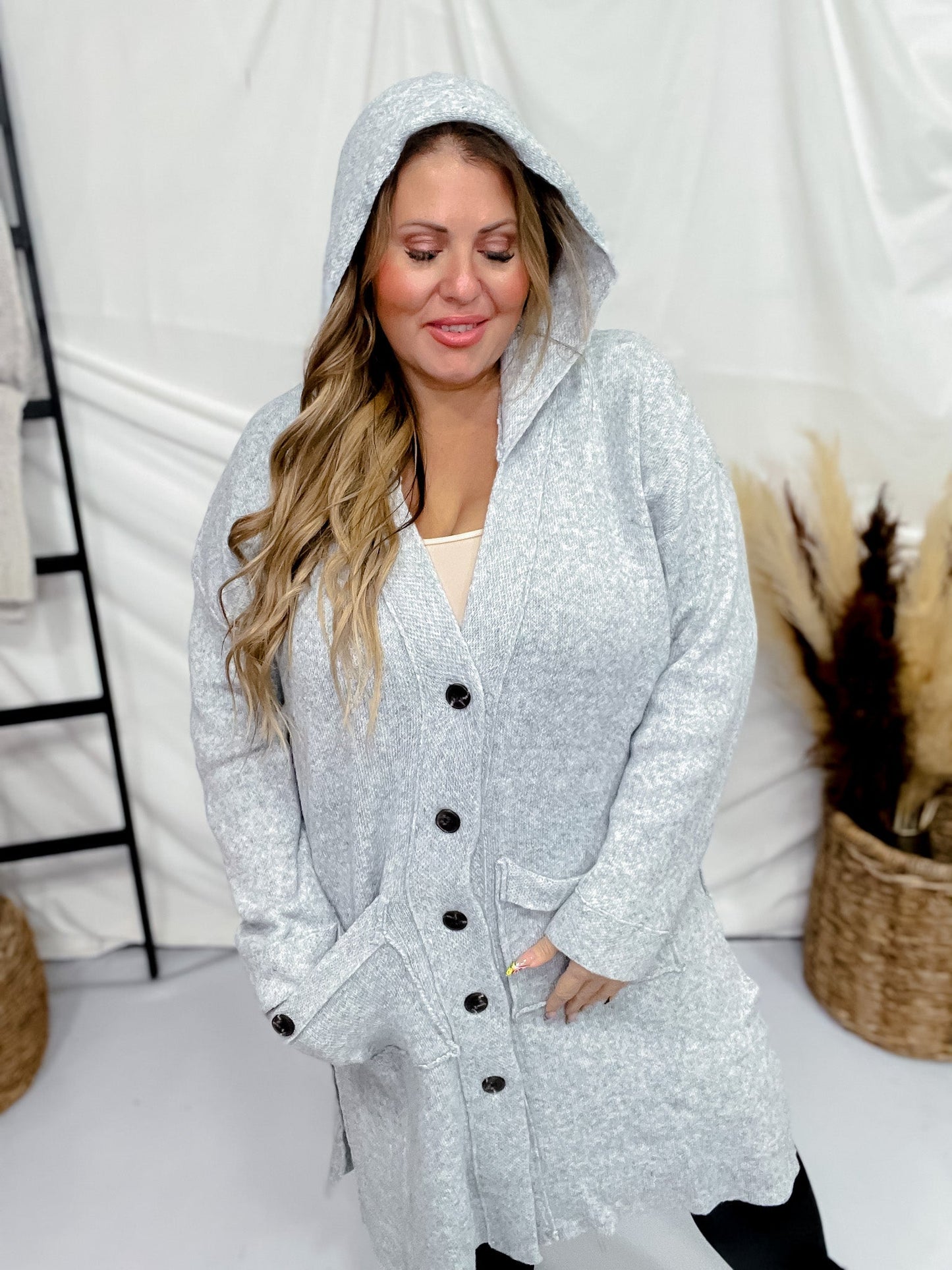Grey Hooded Cardigan with Side Slit - Whiskey Skies - DAVI & DANI
