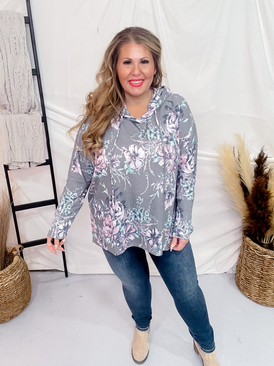 Grey Lightweight Hoodie with Purple and Blue Florals - Whiskey Skies - DEAR SCARLETT