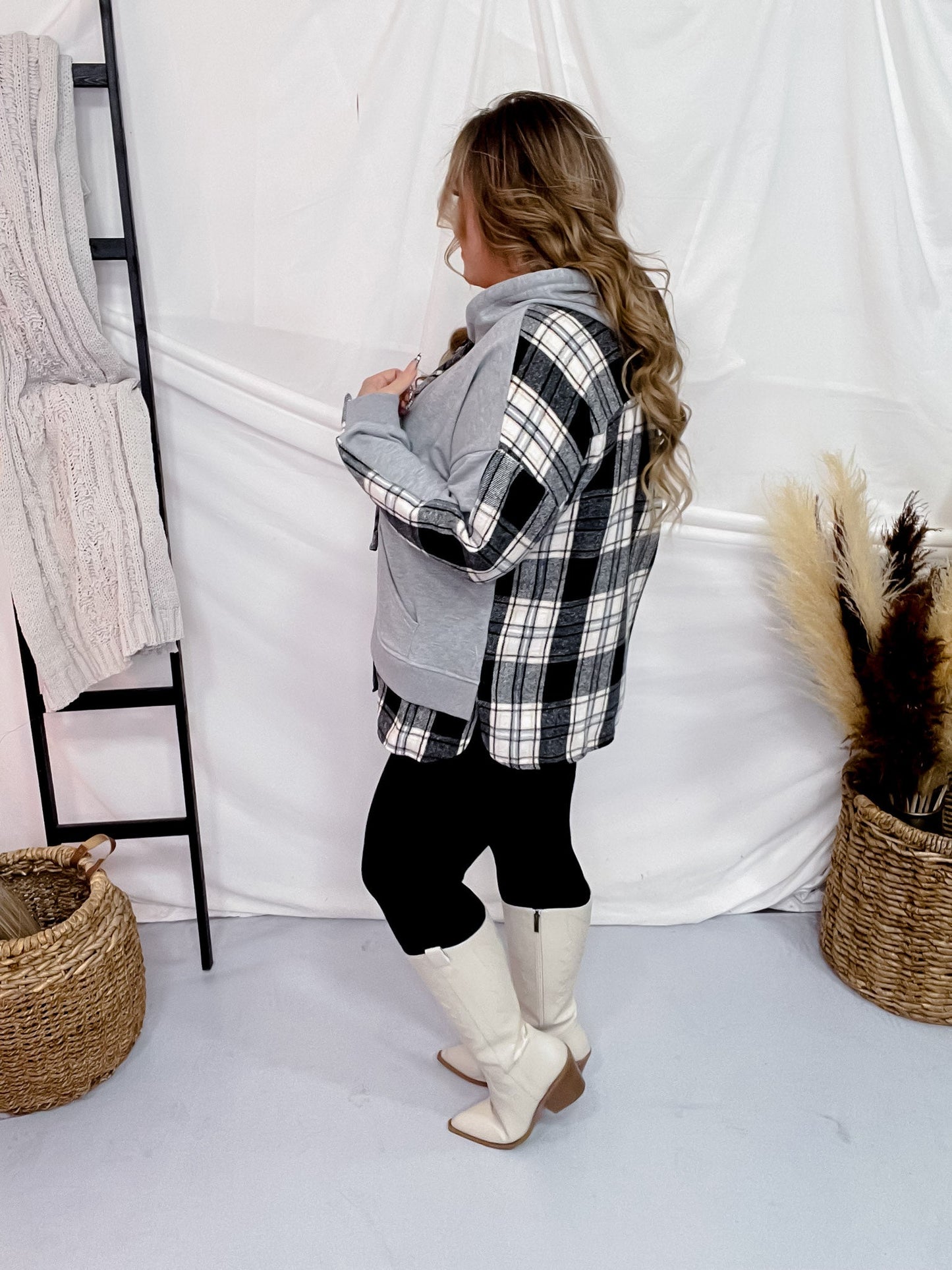 Grey Plaid Color Block Hoodie - Whiskey Skies - DAVI & DANI