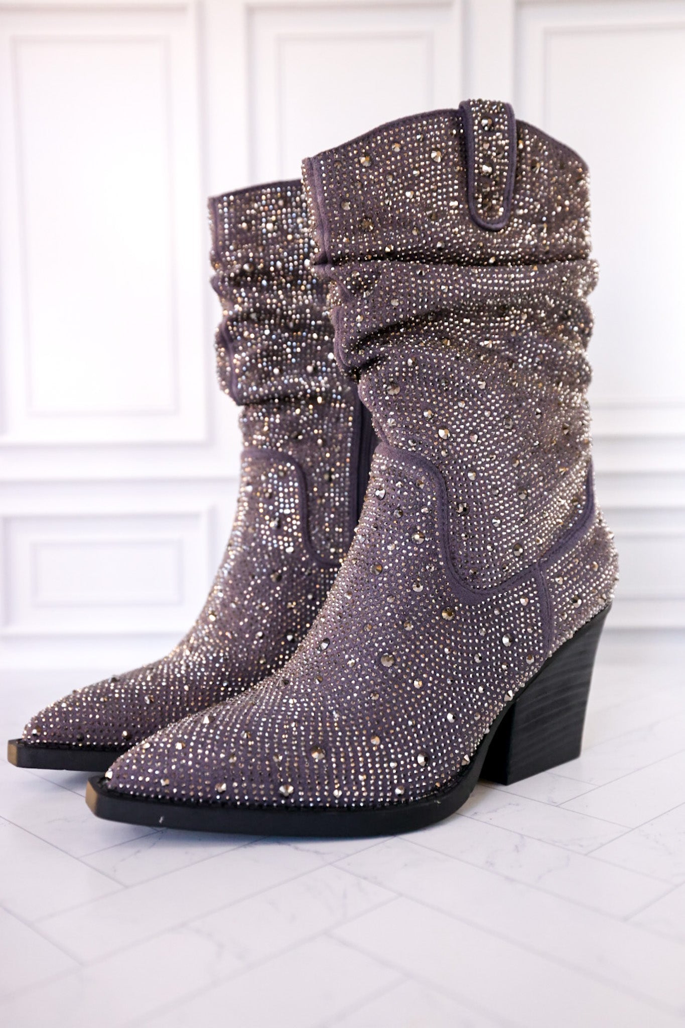 Grey Rhinestone Scrunchy Pull On Boots - Whiskey Skies - VERY G