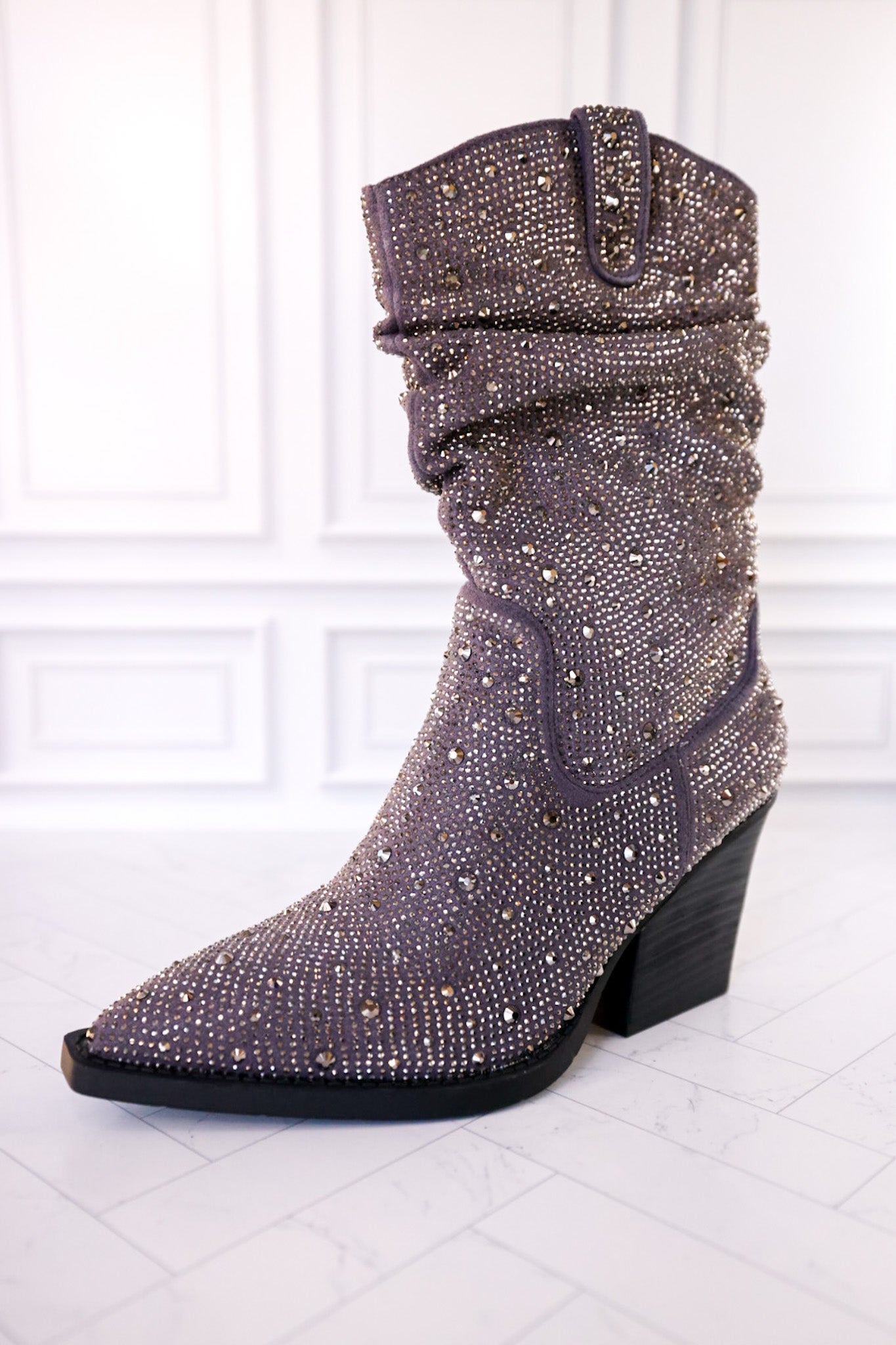 Grey Rhinestone Scrunchy Pull On Boots - Whiskey Skies - VERY G