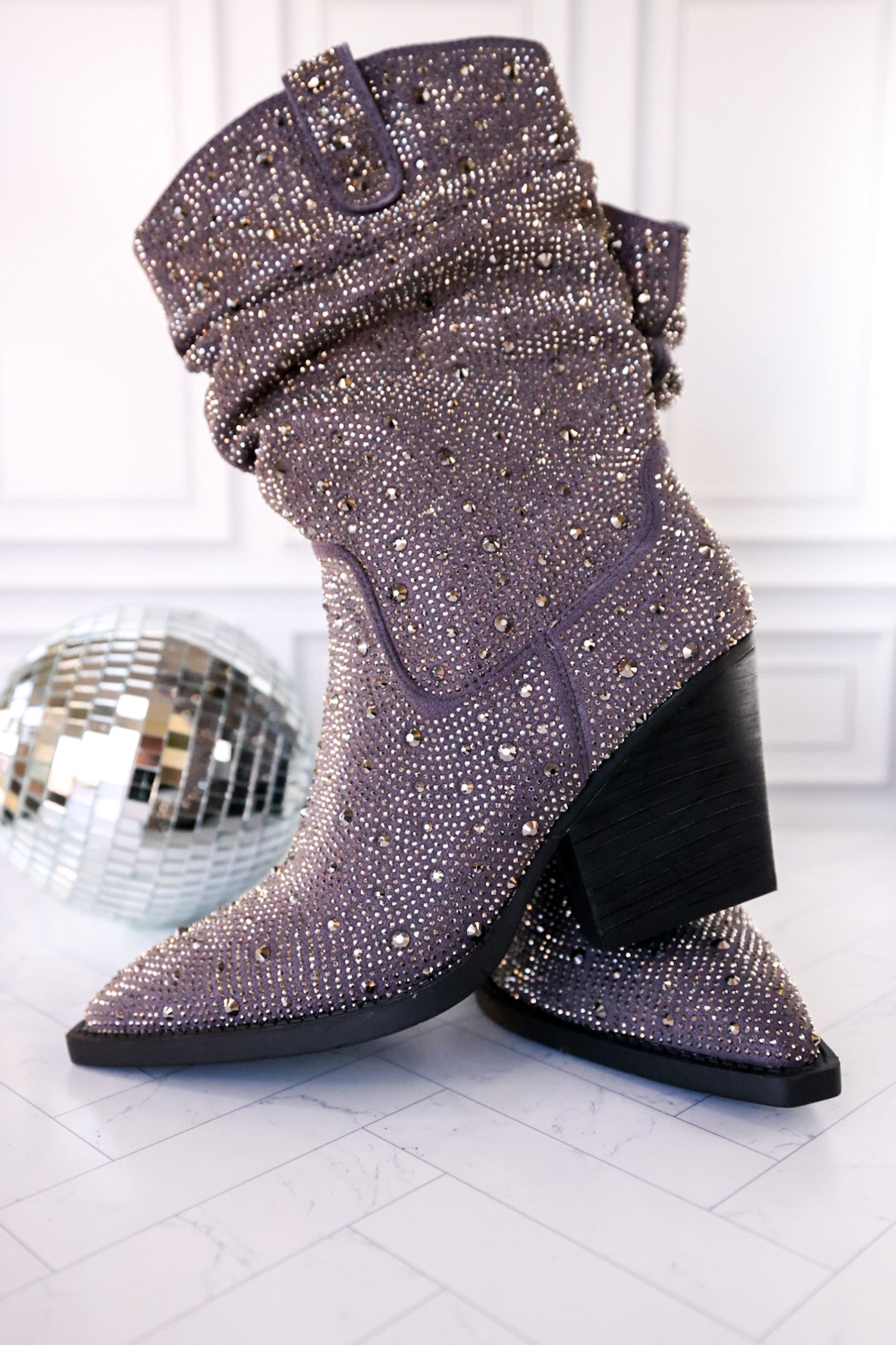 Grey Rhinestone Scrunchy Pull On Boots - Whiskey Skies - VERY G
