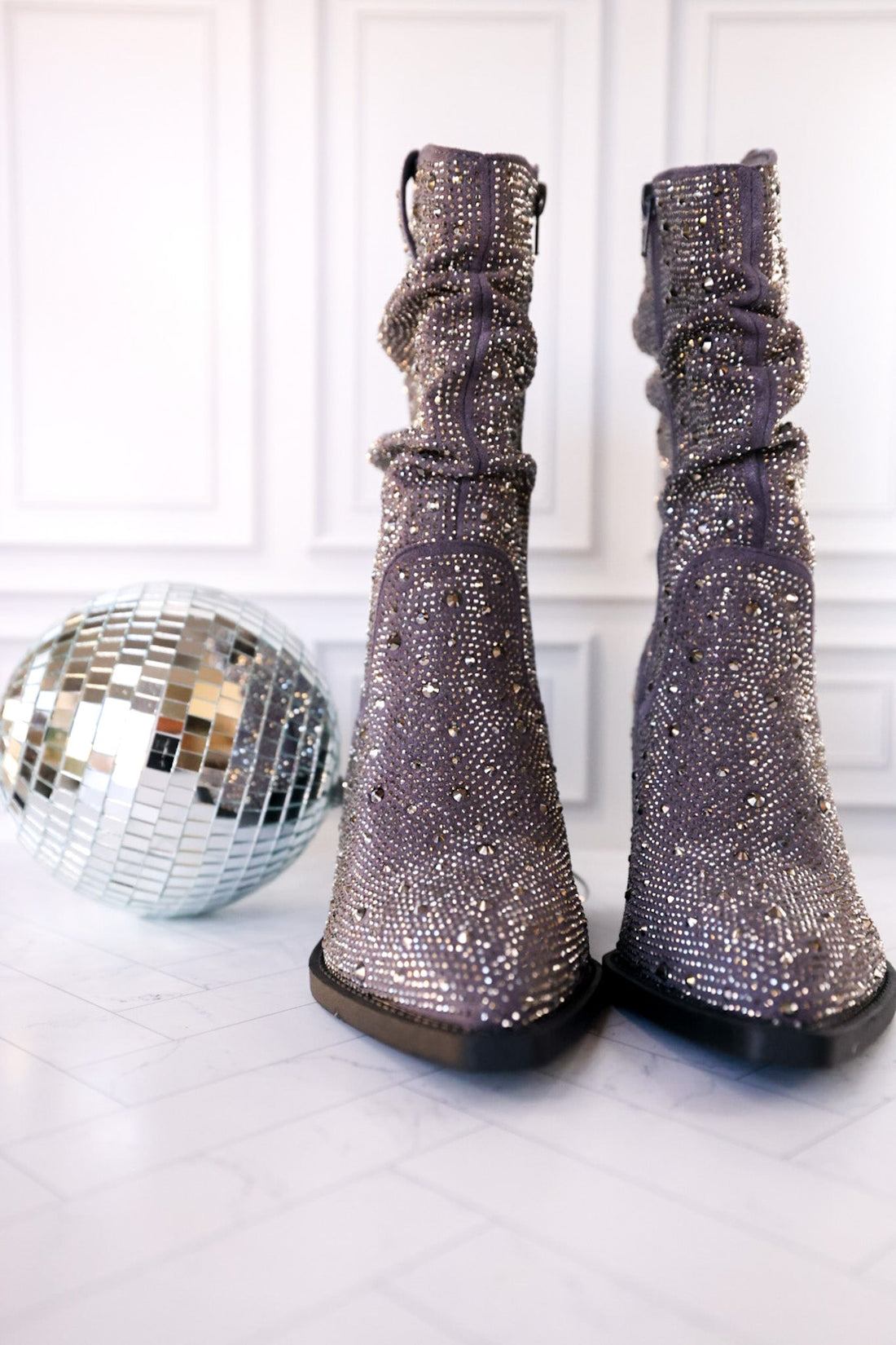 Grey Rhinestone Scrunchy Pull On Boots - Whiskey Skies - VERY G