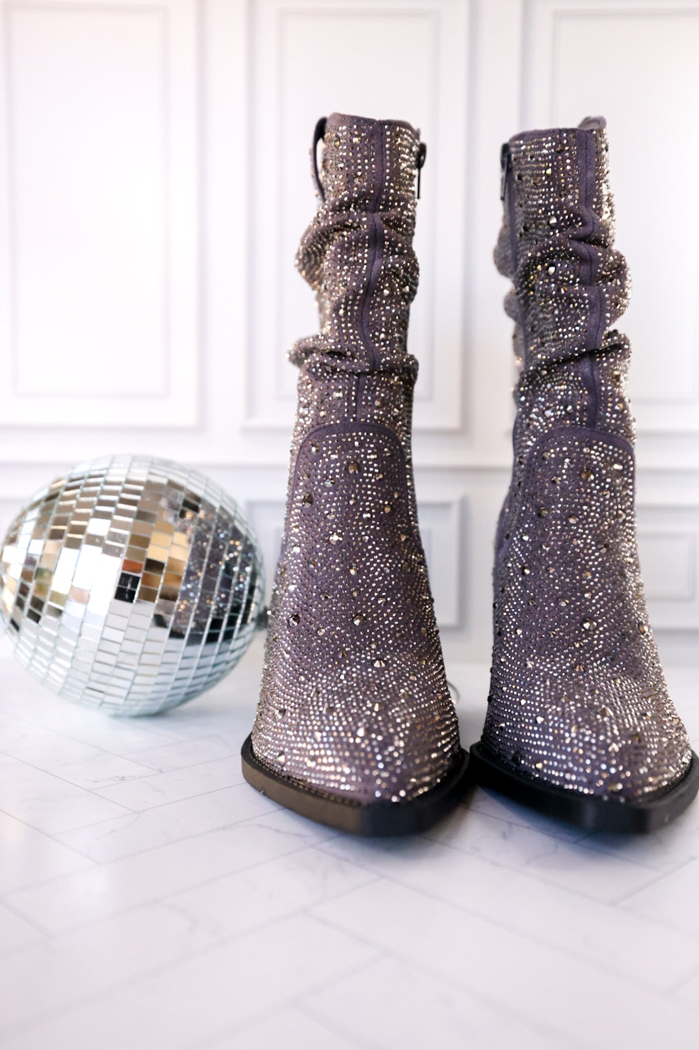 Grey Rhinestone Scrunchy Pull On Boots - Whiskey Skies - VERY G