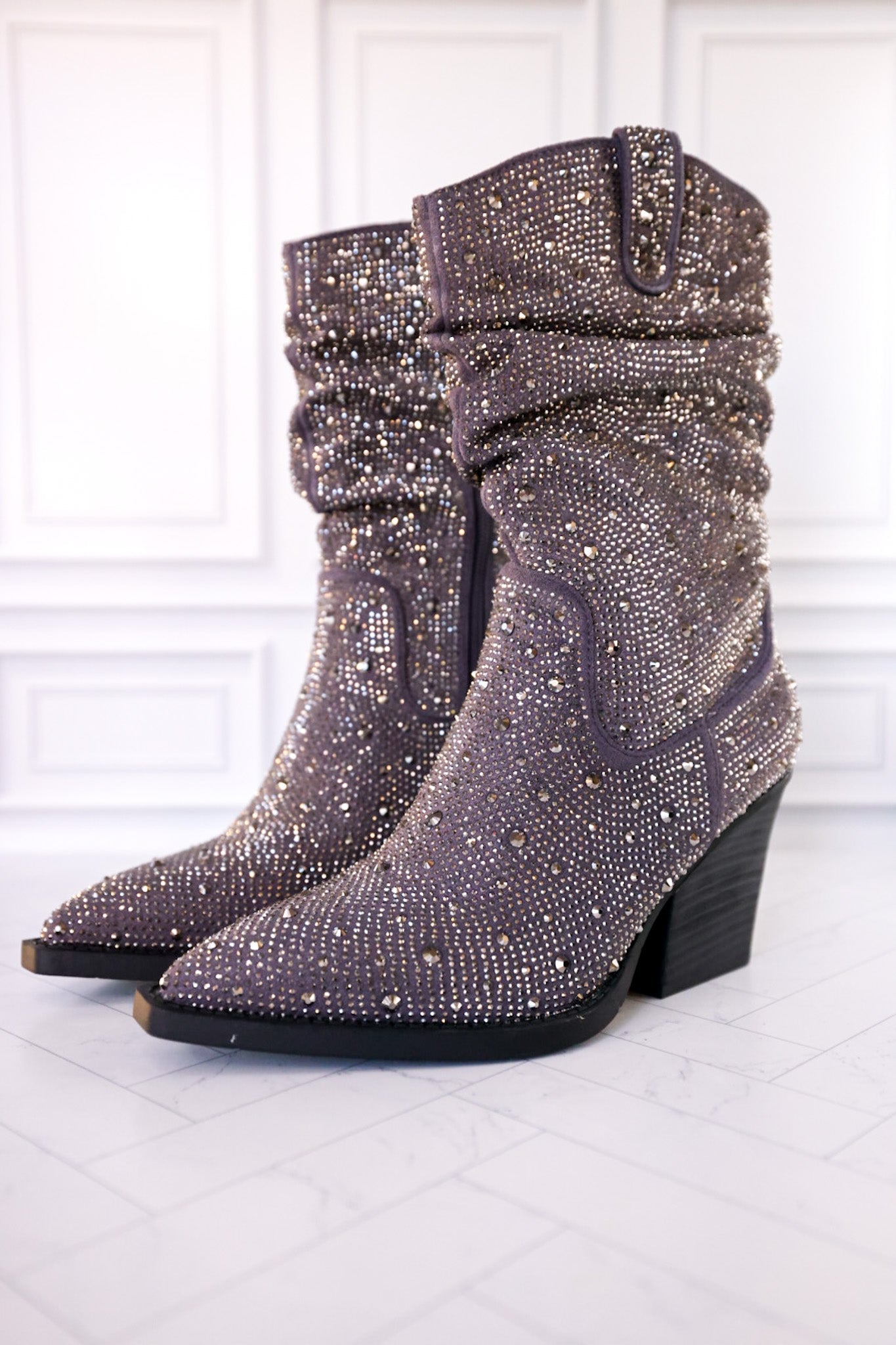 Grey Rhinestone Scrunchy Pull On Boots - Whiskey Skies - VERY G