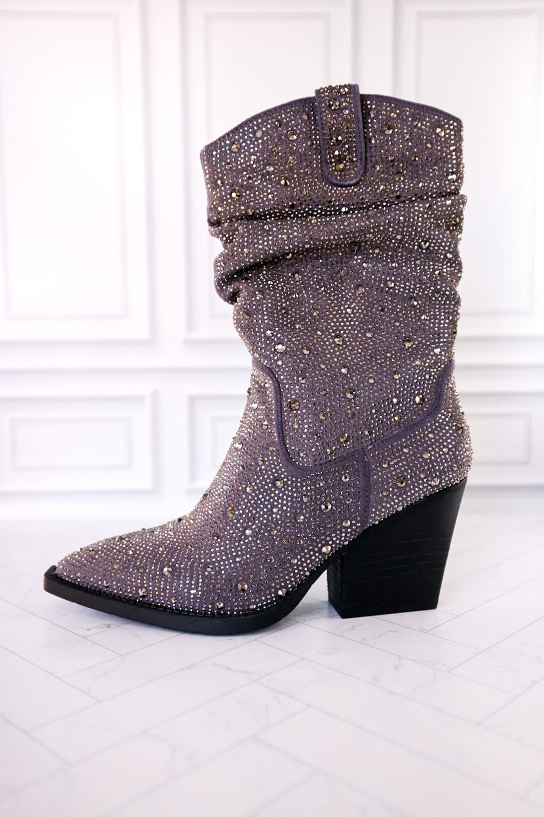 Grey Rhinestone Scrunchy Pull On Boots - Whiskey Skies - VERY G