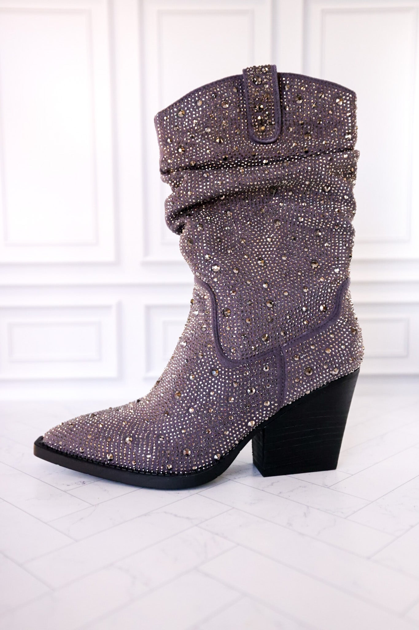 Grey Rhinestone Scrunchy Pull On Boots - Whiskey Skies - VERY G