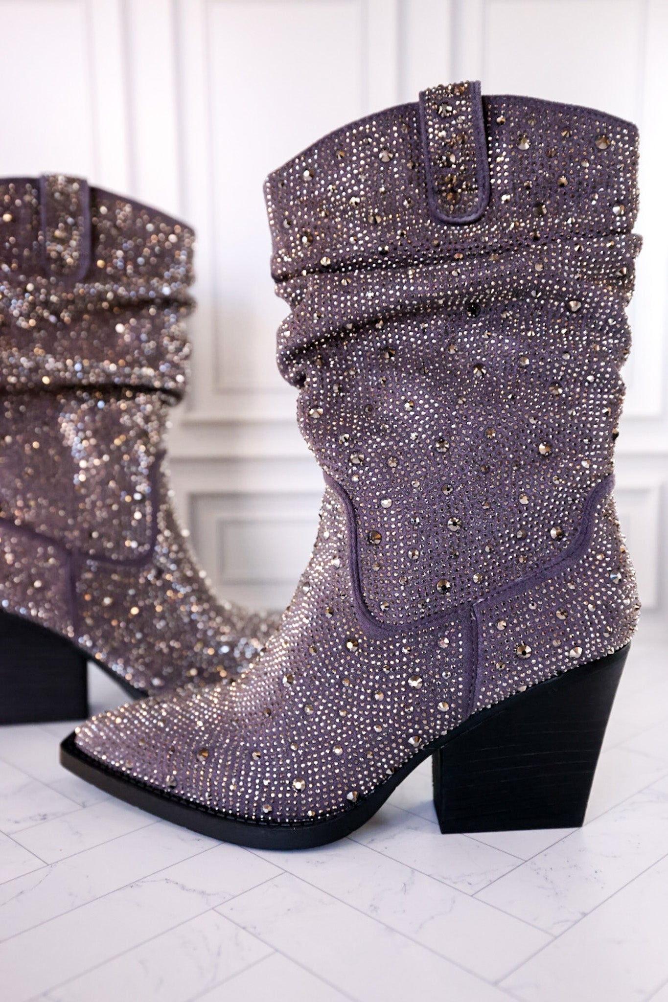 Grey Rhinestone Scrunchy Pull On Boots - Whiskey Skies - VERY G