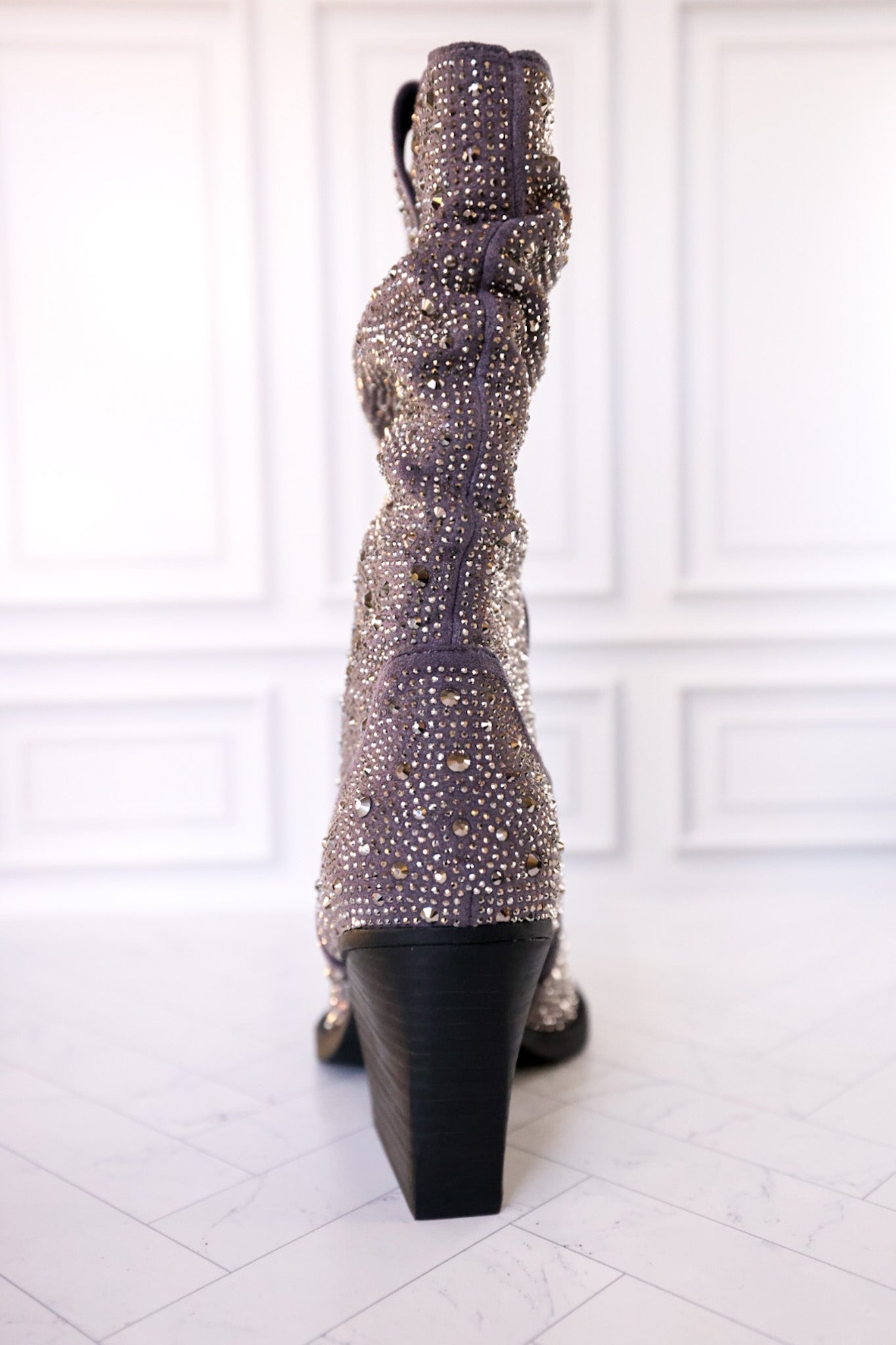 Grey Rhinestone Scrunchy Pull On Boots - Whiskey Skies - VERY G
