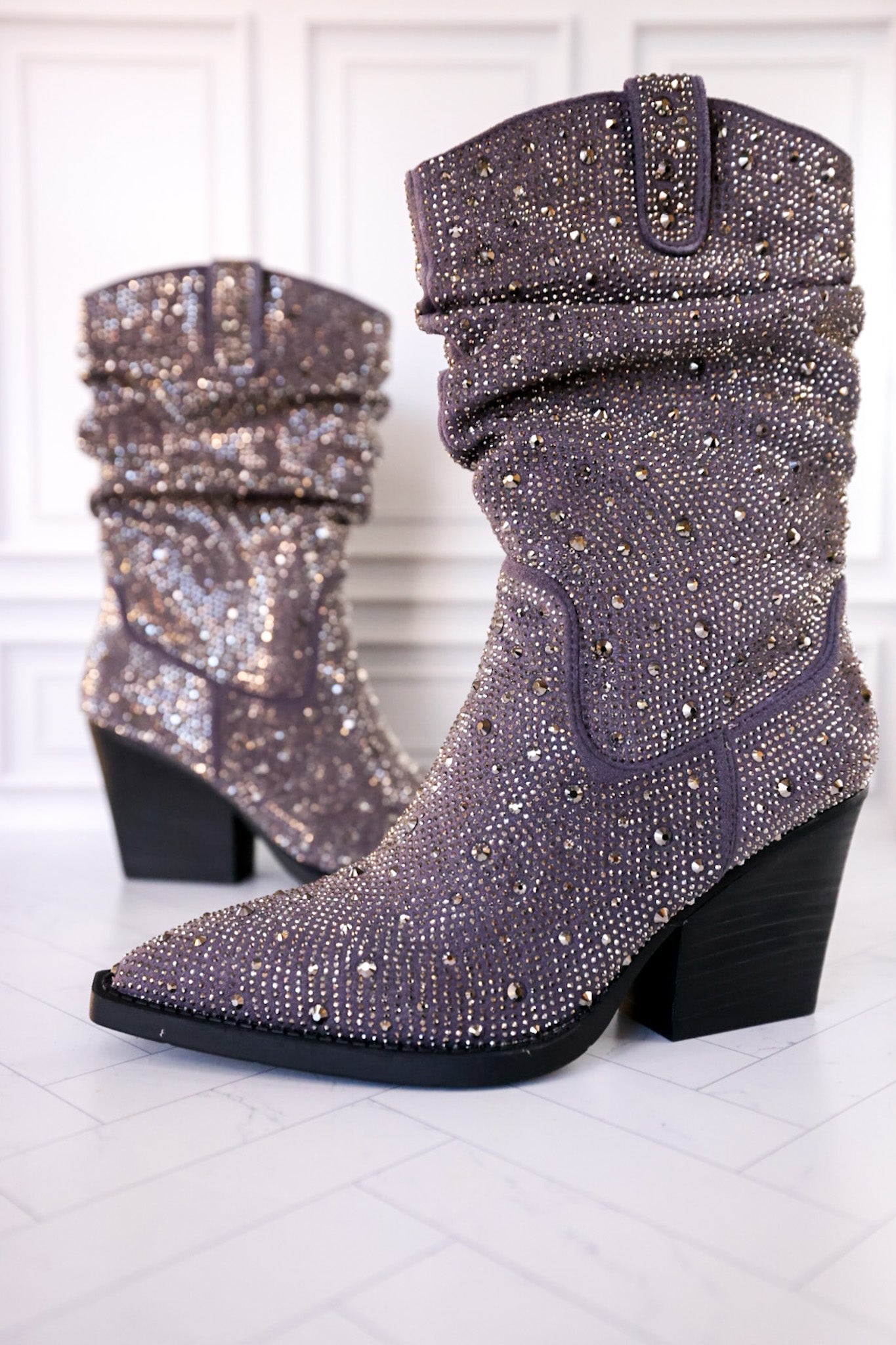 Grey Rhinestone Scrunchy Pull On Boots - Whiskey Skies - VERY G