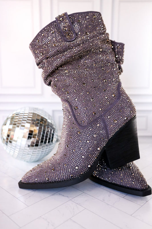Grey Rhinestone Scrunchy Pull On Boots - Whiskey Skies - VERY G