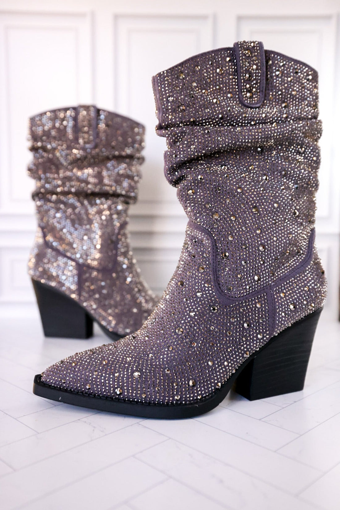 Grey Rhinestone Scrunchy Pull On Boots - Whiskey Skies - VERY G
