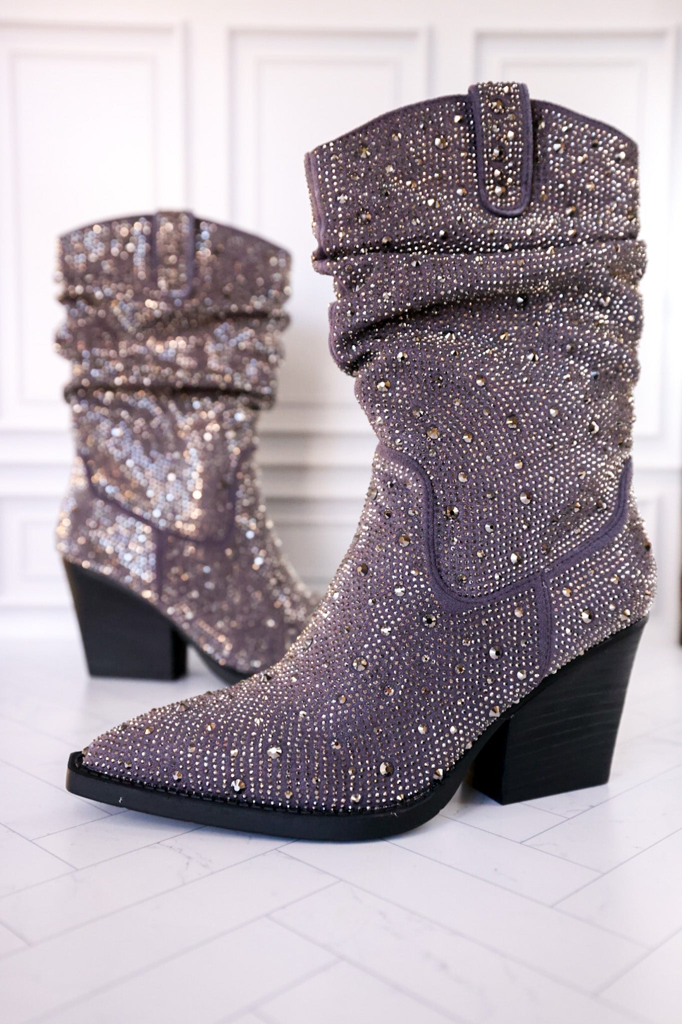Grey Rhinestone Scrunchy Pull On Boots - Whiskey Skies - VERY G