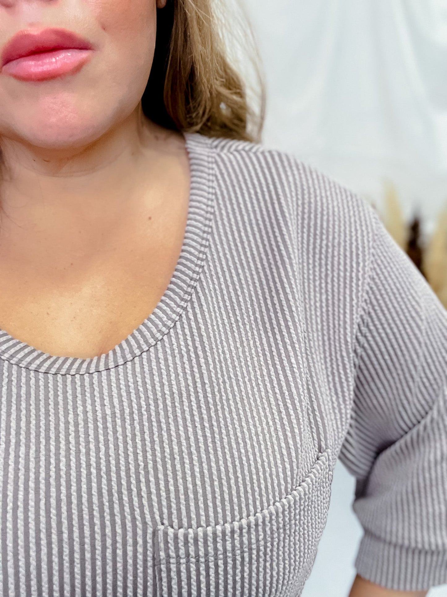 Grey Ribbed 3/4 Sleeve Boxy Top - Whiskey Skies - ANDREE BY UNIT