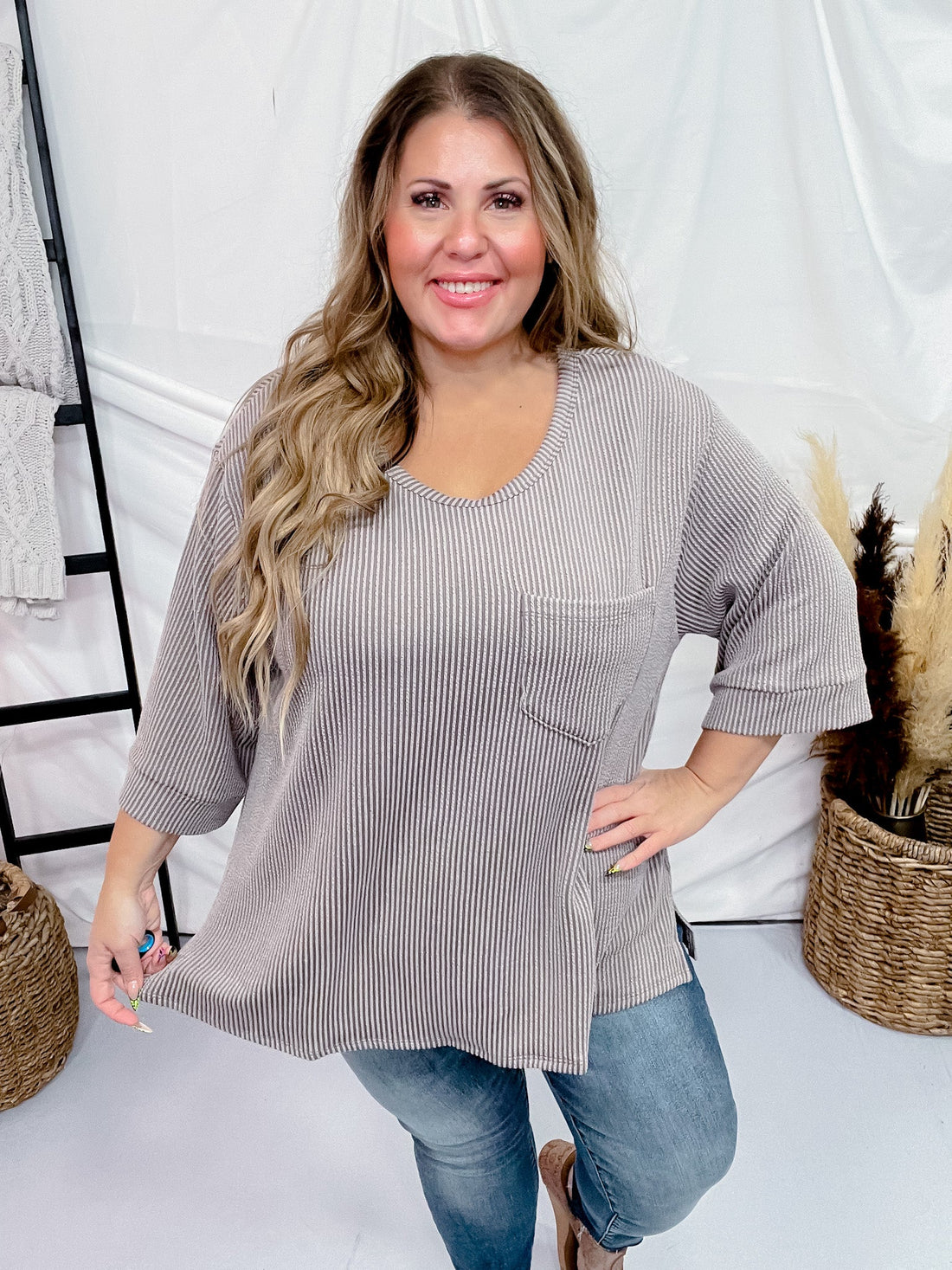 Grey Ribbed 3/4 Sleeve Boxy Top - Whiskey Skies - ANDREE BY UNIT