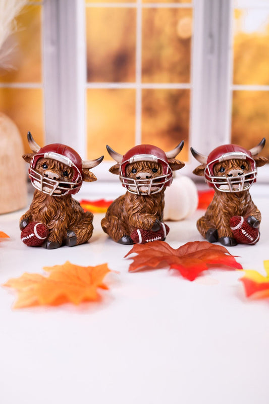 Gridiron Highland Cow Football Resin Sitters (Three Styles) - Whiskey Skies - HANNA'S HANDIWORKS