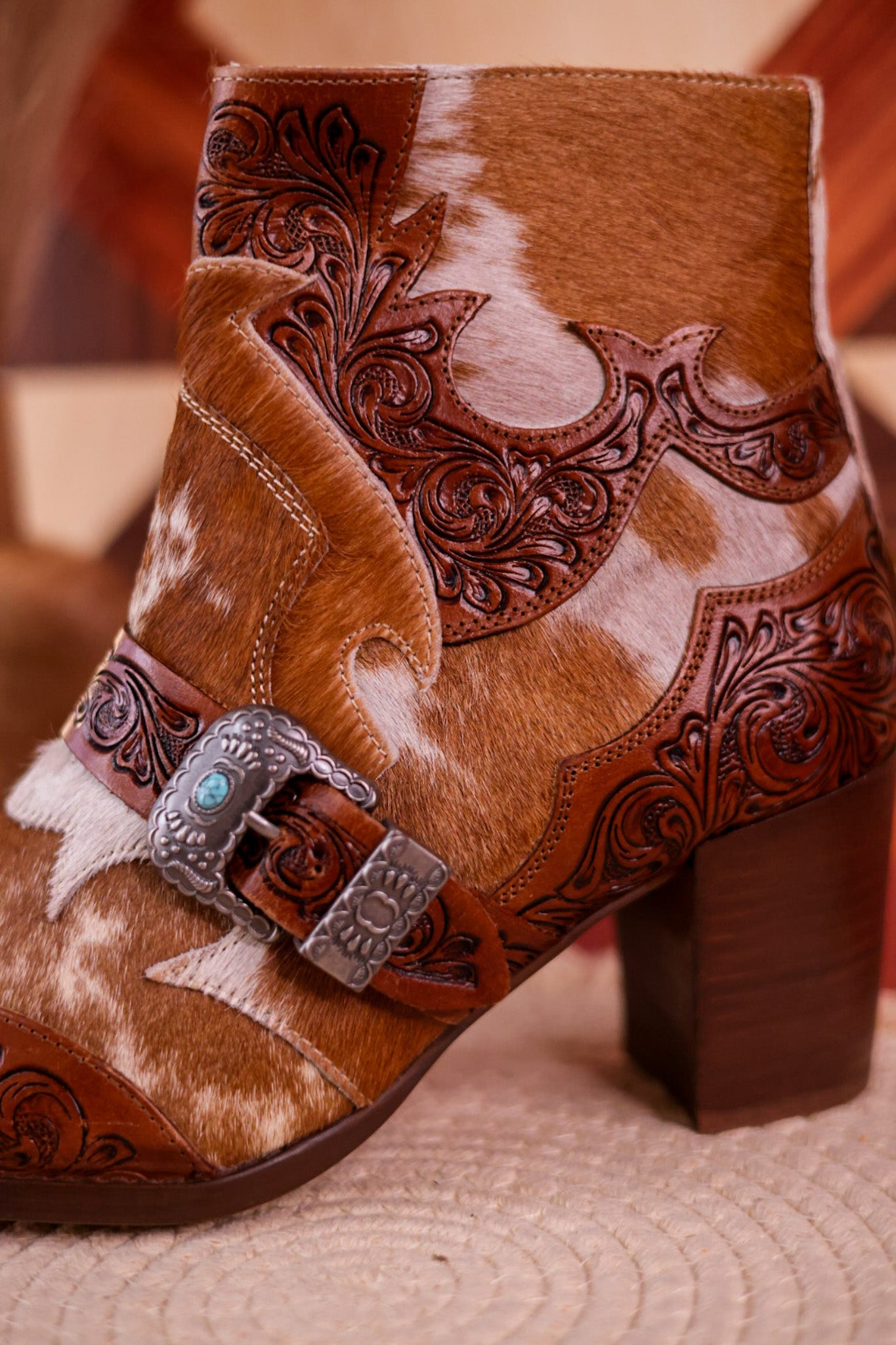 Hair - On Hide Boots with Turquoise Buckle Detail - Whiskey Skies - MYRA BAGS