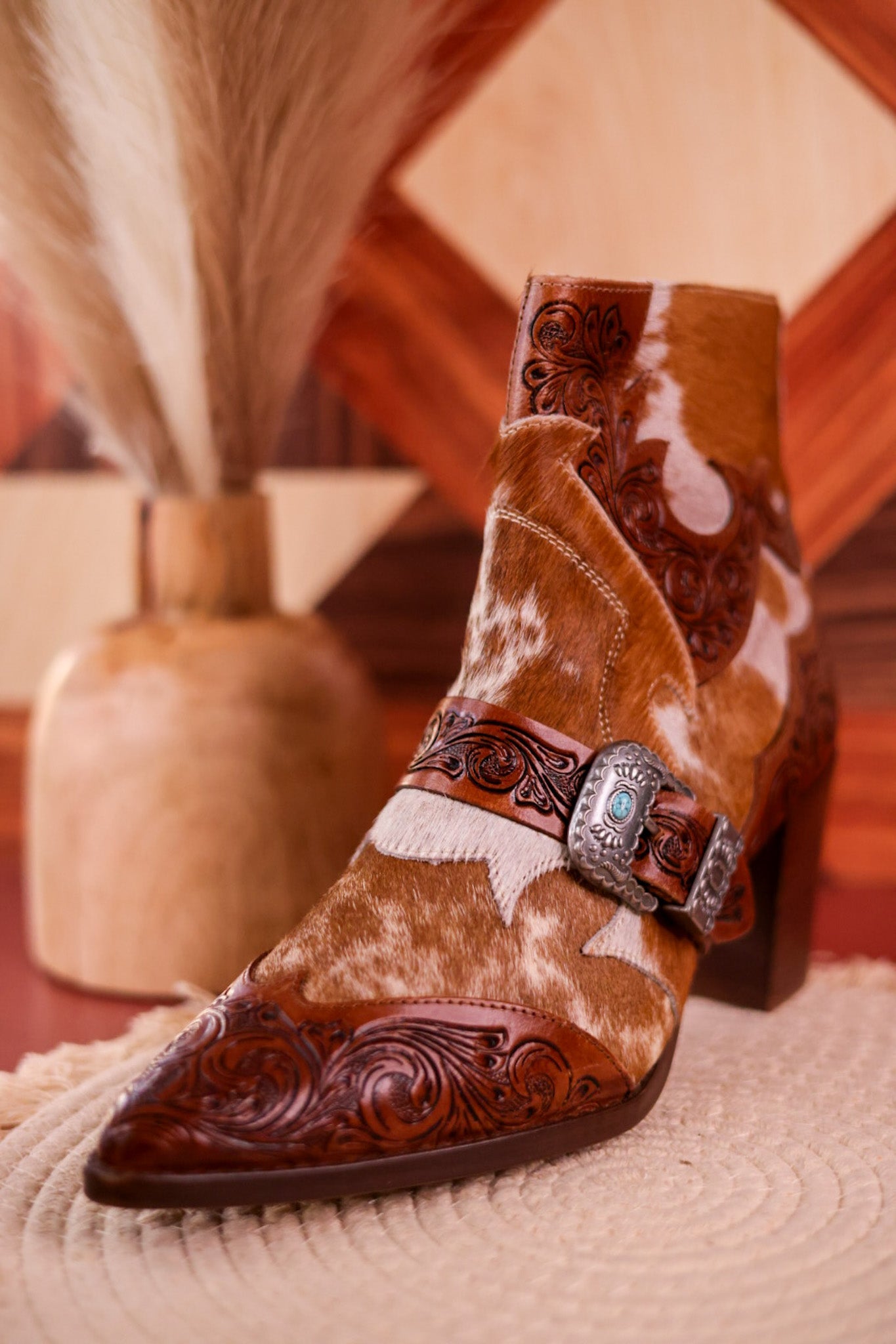 Hair - On Hide Boots with Turquoise Buckle Detail - Whiskey Skies - MYRA BAGS