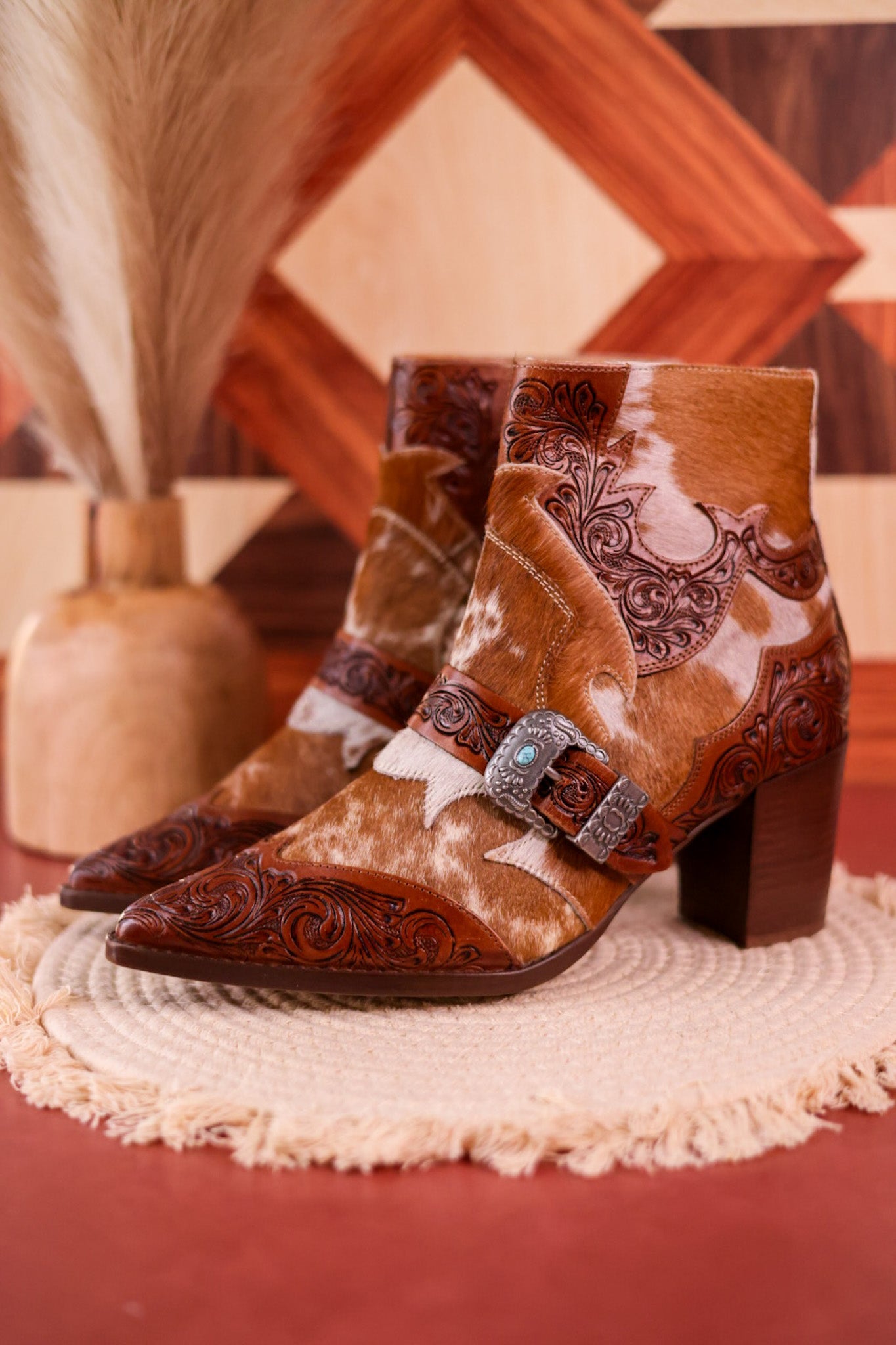 Hair - On Hide Boots with Turquoise Buckle Detail - Whiskey Skies - MYRA BAGS