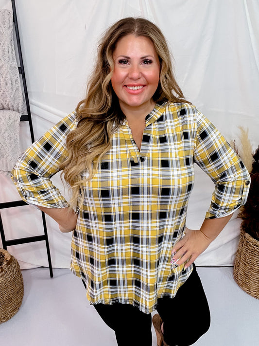 Half Sleeve Soft Knit Yellow Plaid Top - Whiskey Skies - WHITE BIRCH