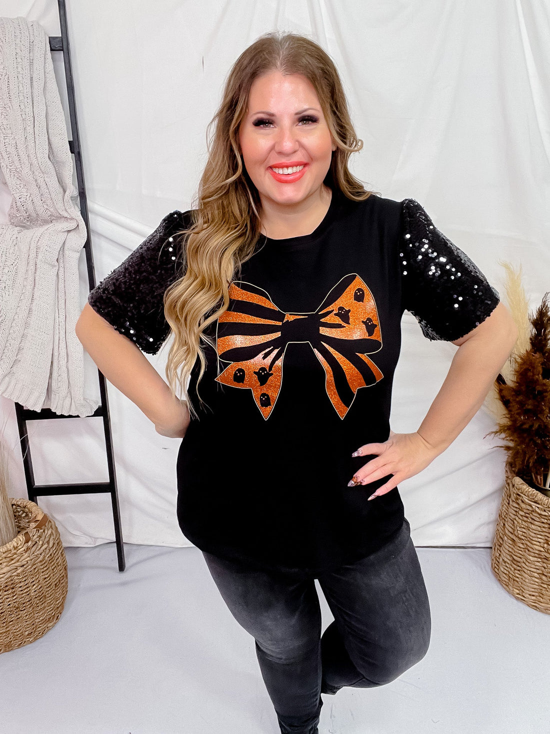 Halloween Bow Sequin Puff Sleeve Top - Whiskey Skies - SOUTHERN GRACE
