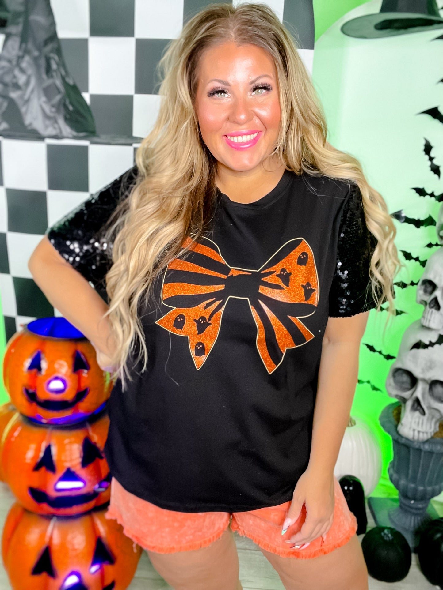 Halloween Bow Sequin Puff Sleeve Top - Whiskey Skies - SOUTHERN GRACE