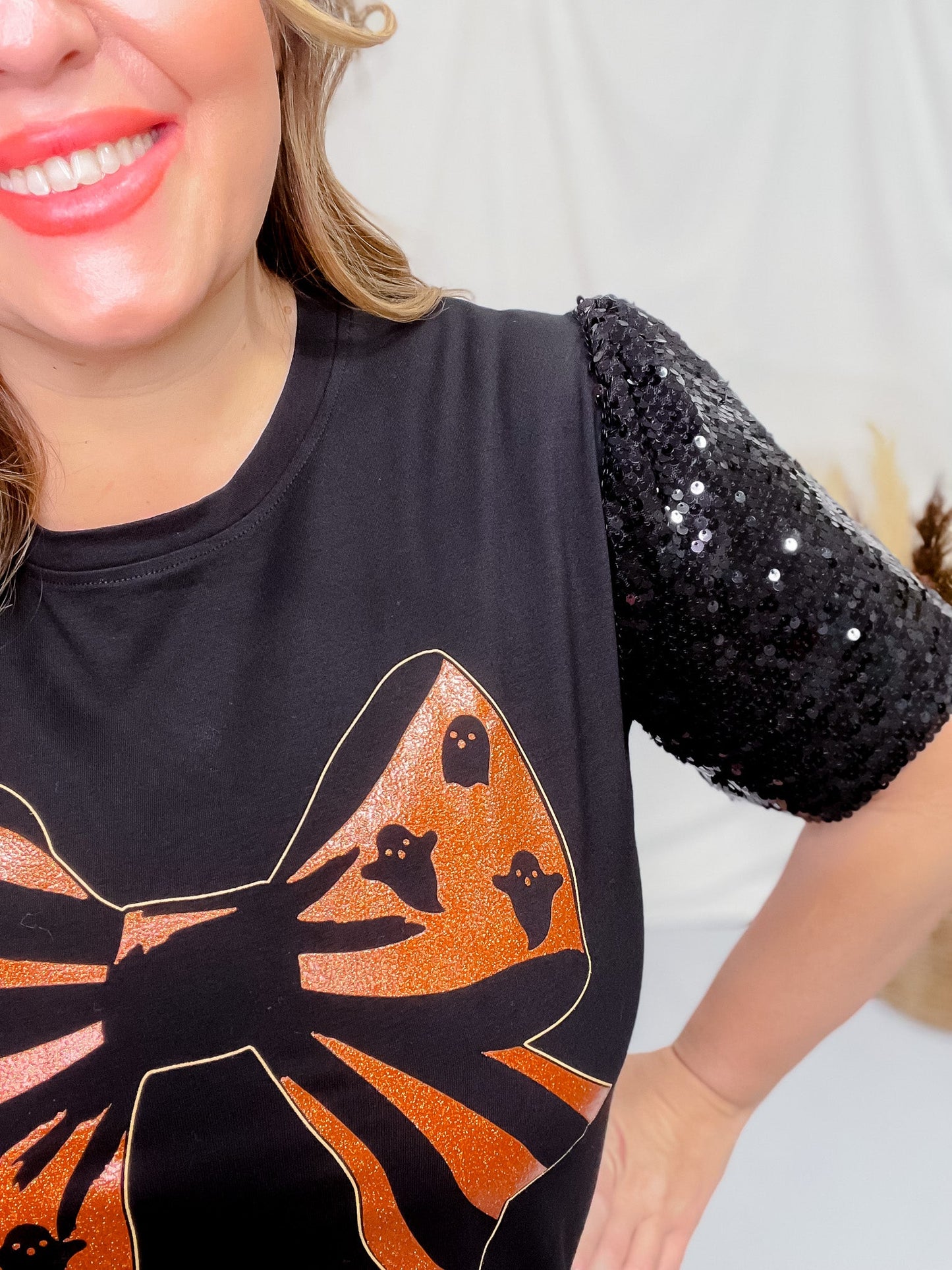 Halloween Bow Sequin Puff Sleeve Top - Whiskey Skies - SOUTHERN GRACE