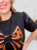Halloween Bow Sequin Puff Sleeve Top - Whiskey Skies - SOUTHERN GRACE
