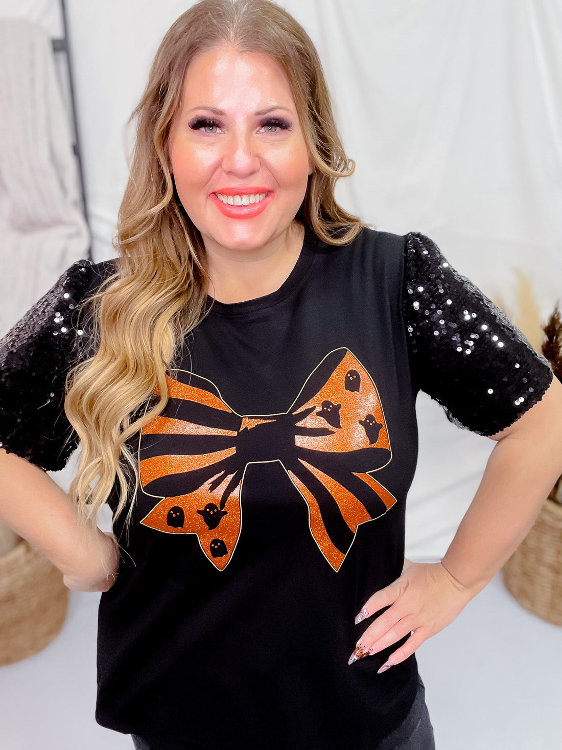 Halloween Bow Sequin Puff Sleeve Top - Whiskey Skies - SOUTHERN GRACE