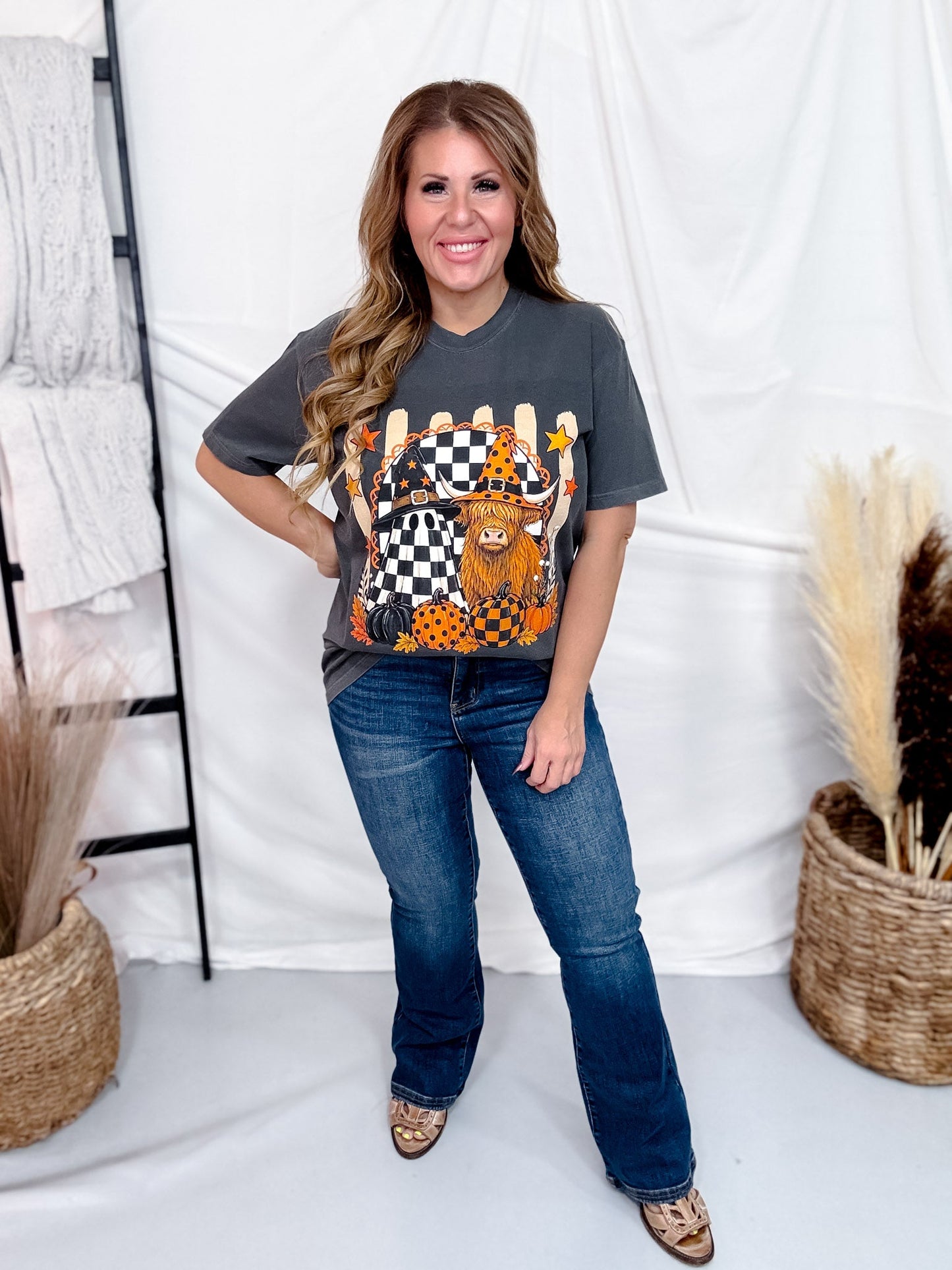 Halloween Highland Cow & Ghost Short Sleeve Graphic Tee - Whiskey Skies - GLAIME