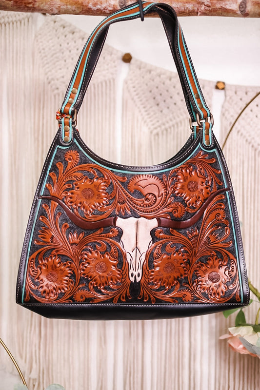 Hand Tooled Leather Purse with Steer Skull - Whiskey Skies - MYRA BAGS