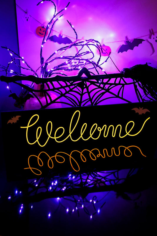 Hanging Neon "Welcome" Sign With Witch Broom - Whiskey Skies - SPECIAL T IMPORTS INC