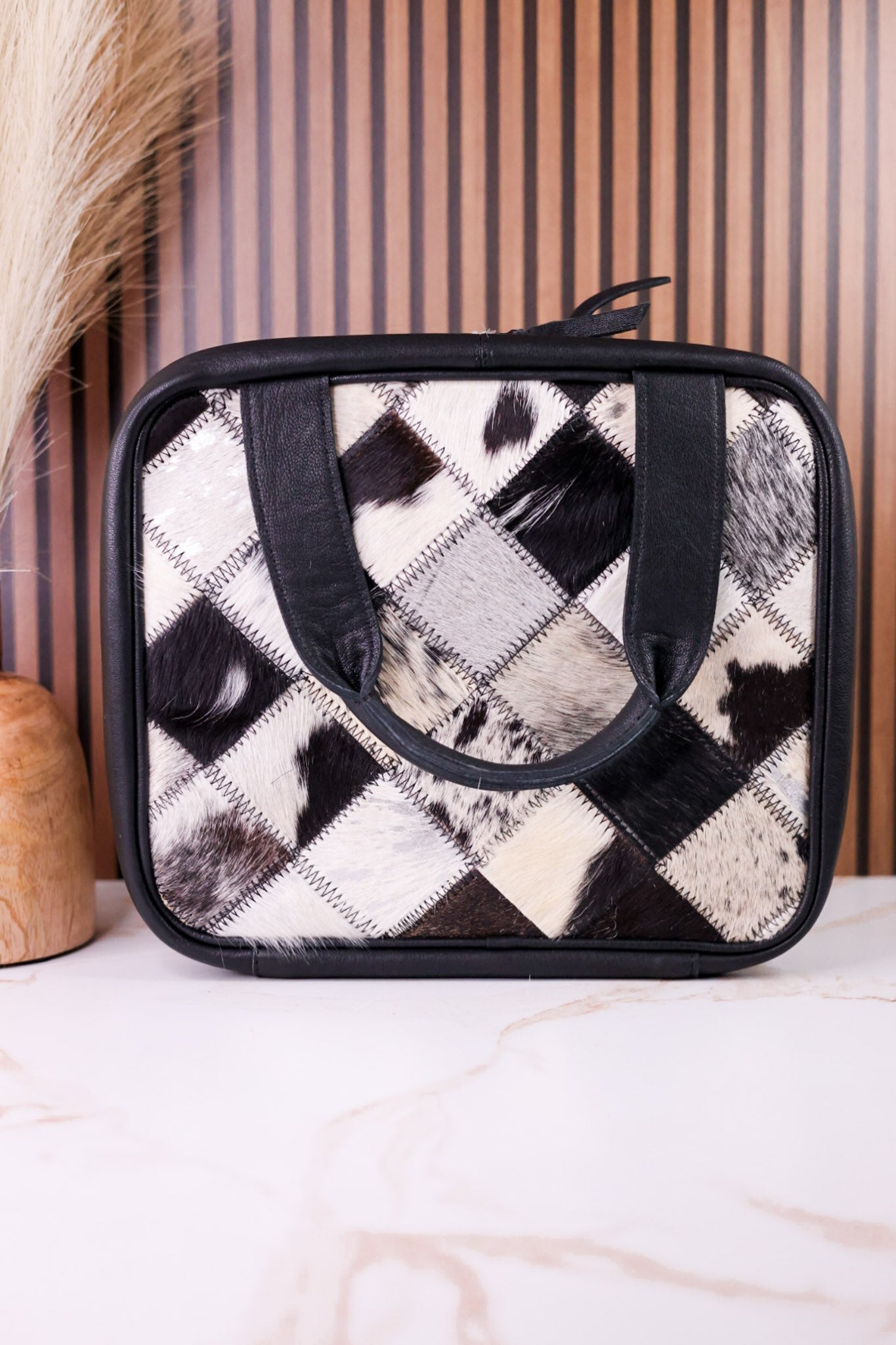 Hanging Travel Toiletries Bag With Black Hairon Leather - Whiskey Skies - BOHO RANCH SHOP