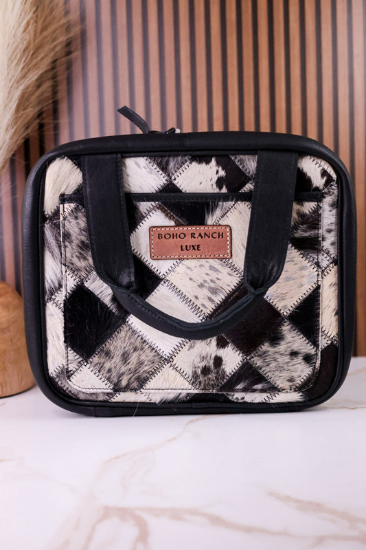 Hanging Travel Toiletries Bag With Black Hairon Leather - Whiskey Skies - BOHO RANCH SHOP