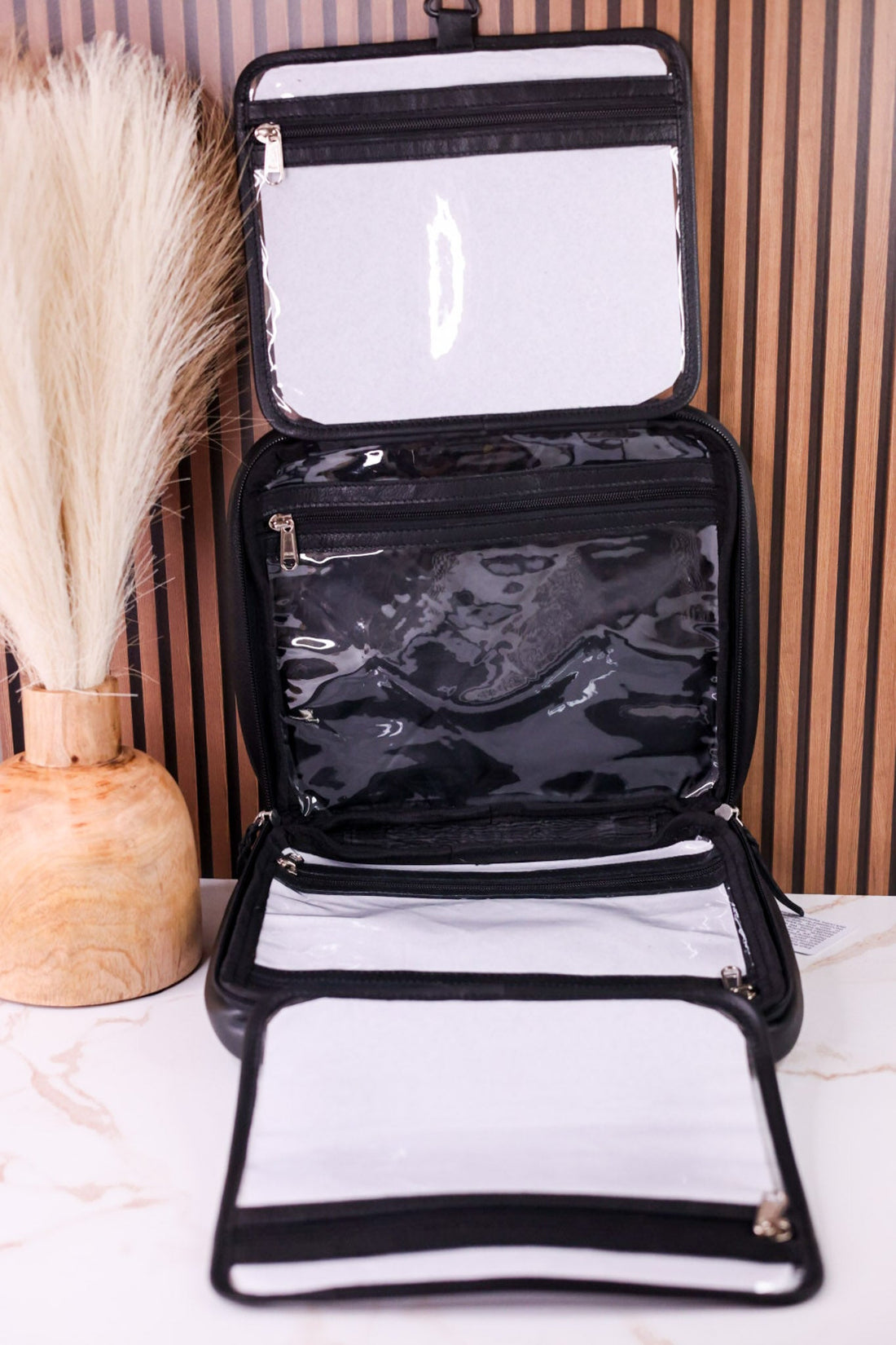 Hanging Travel Toiletries Bag With Black Hairon Leather - Whiskey Skies - BOHO RANCH SHOP