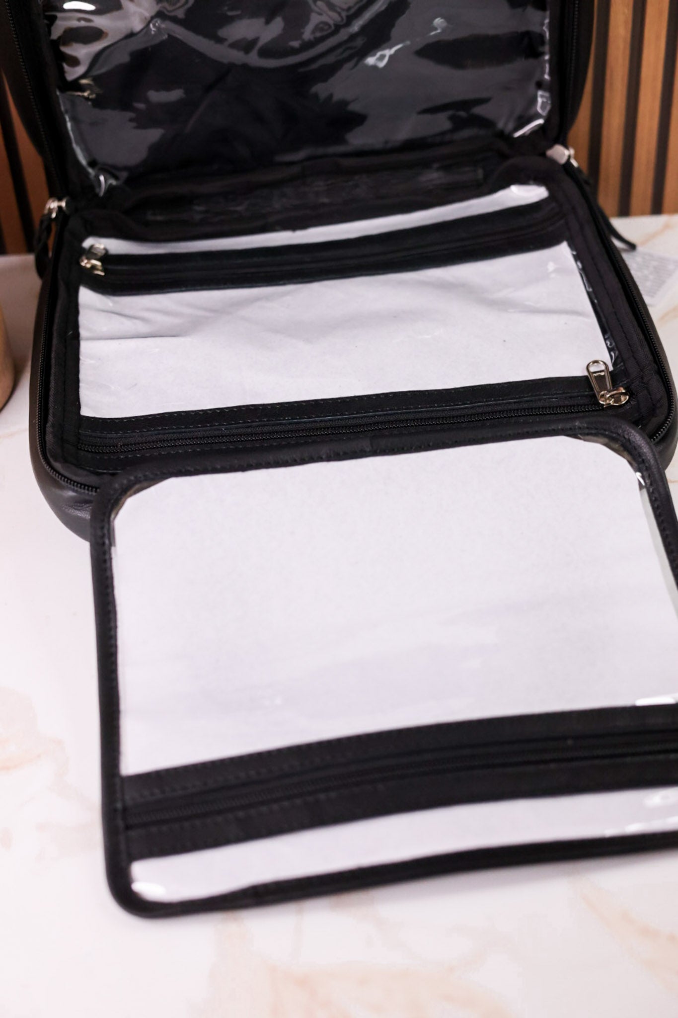 Hanging Travel Toiletries Bag With Black Hairon Leather