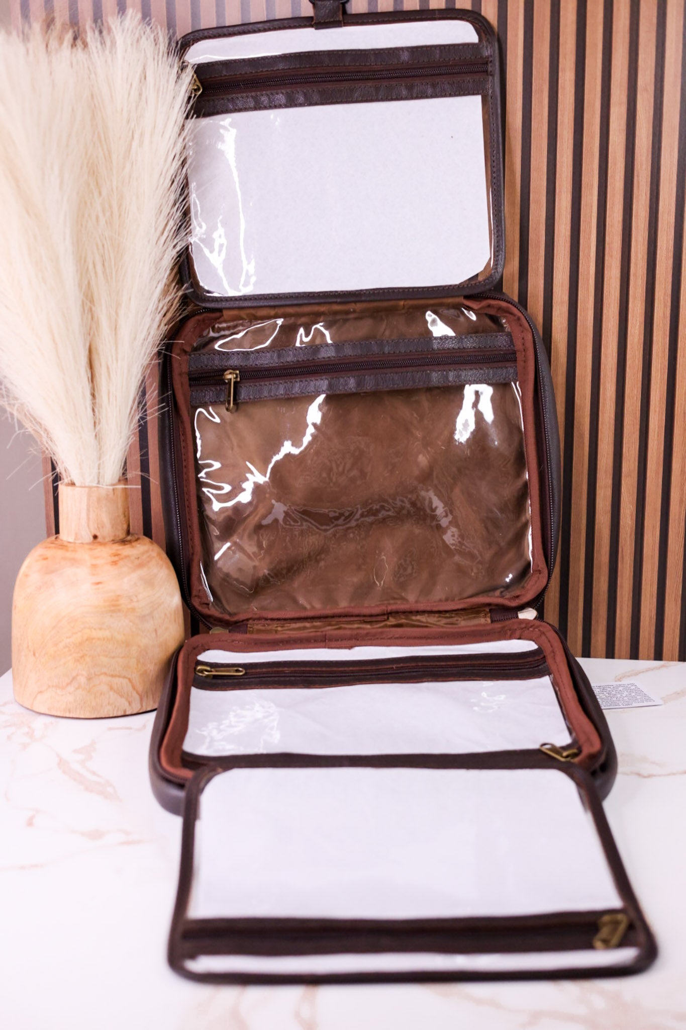 Hanging Travel Toiletries Bag With Brown Hairon Leather - Whiskey Skies - BOHO RANCH SHOP