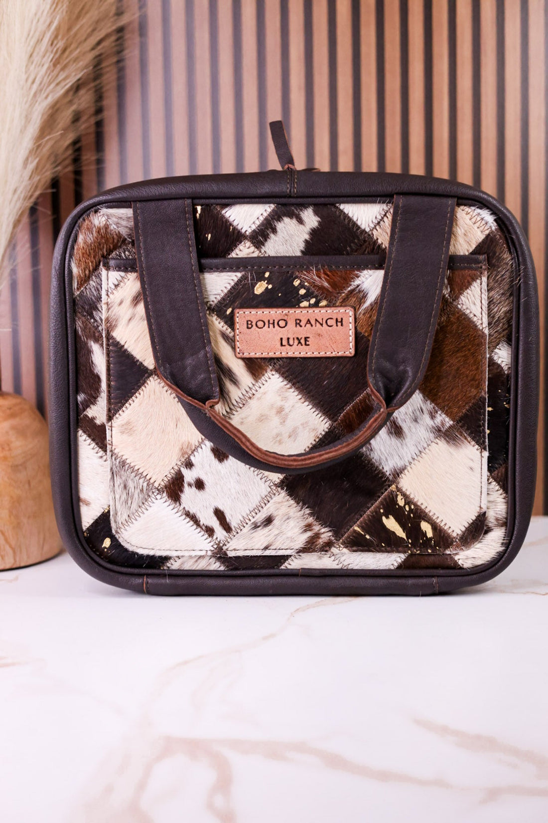 Hanging Travel Toiletries Bag With Brown Hairon Leather - Whiskey Skies - BOHO RANCH SHOP