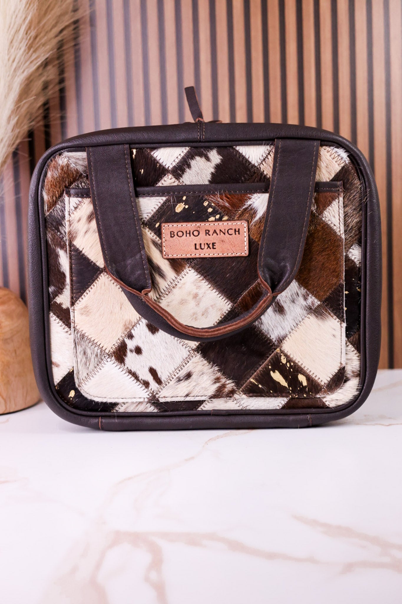 Hanging Travel Toiletries Bag With Brown Hairon Leather - Whiskey Skies - BOHO RANCH SHOP