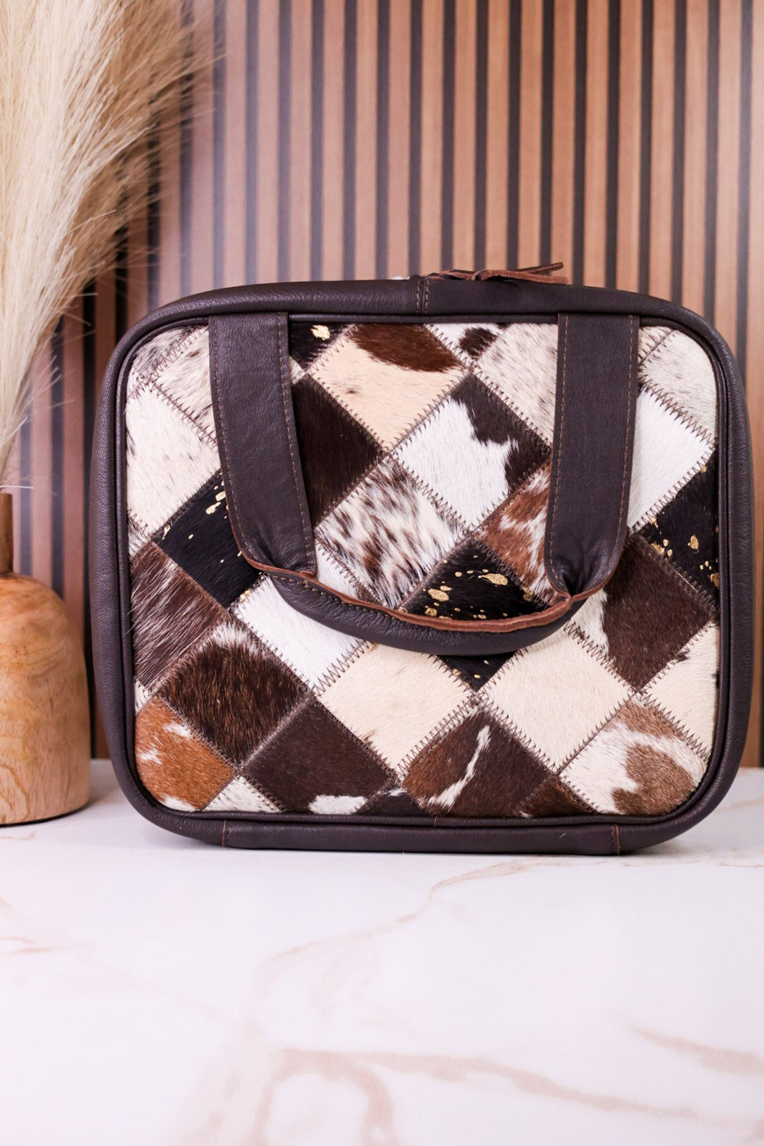 Hanging Travel Toiletries Bag With Brown Hairon Leather - Whiskey Skies - BOHO RANCH SHOP