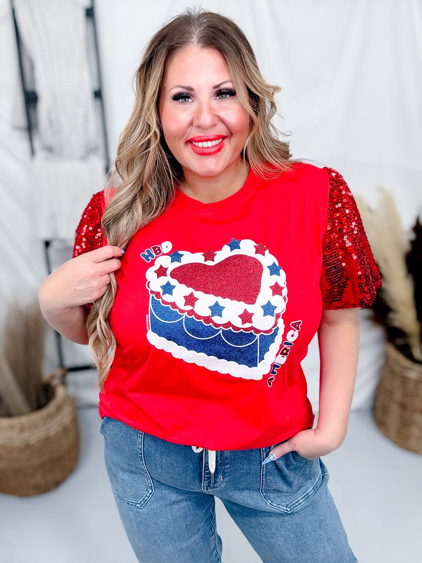 Happy Birthday America Graphic Tee with Sequin Sleeves - Whiskey Skies - SOUTHERN GRACE