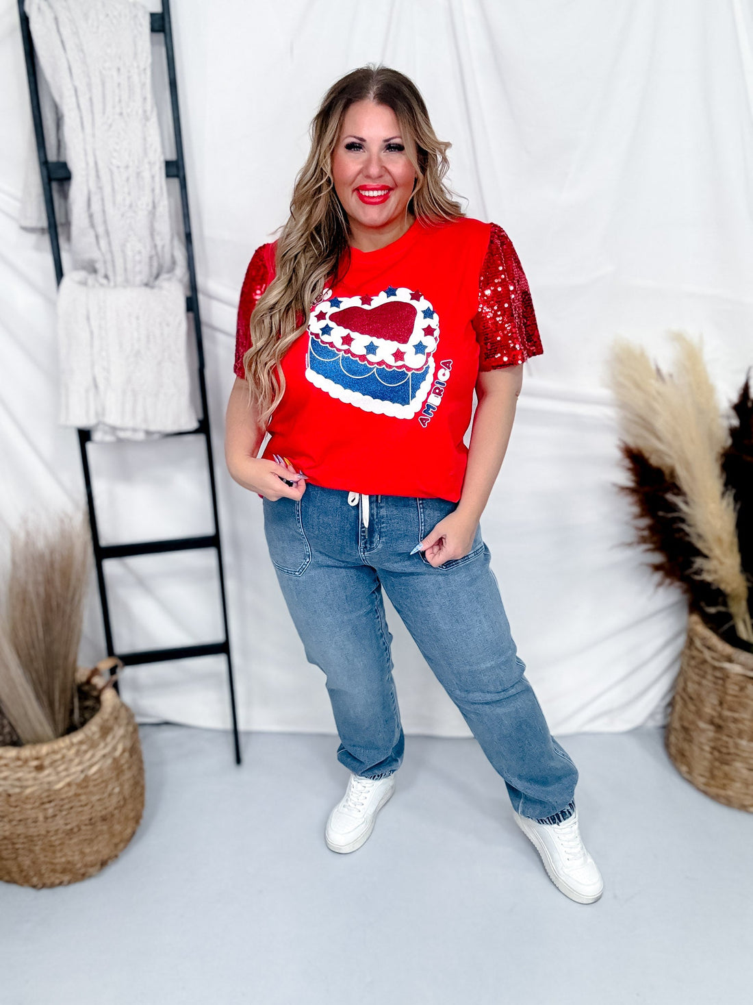 Happy Birthday America Graphic Tee with Sequin Sleeves - Whiskey Skies - SOUTHERN GRACE