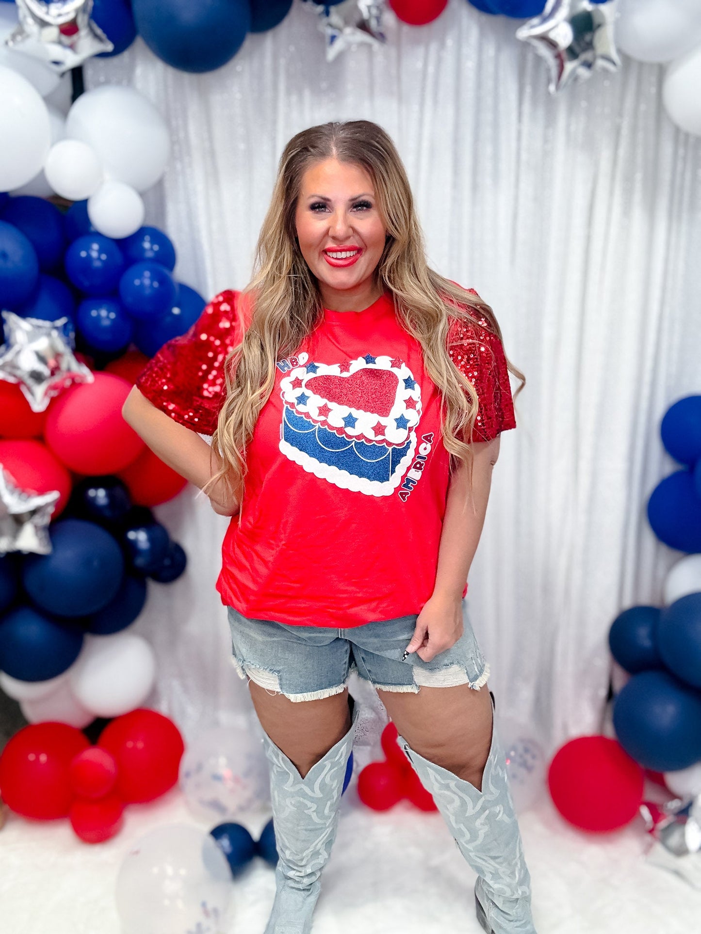 Happy Birthday America Graphic Tee with Sequin Sleeves - Whiskey Skies - SOUTHERN GRACE