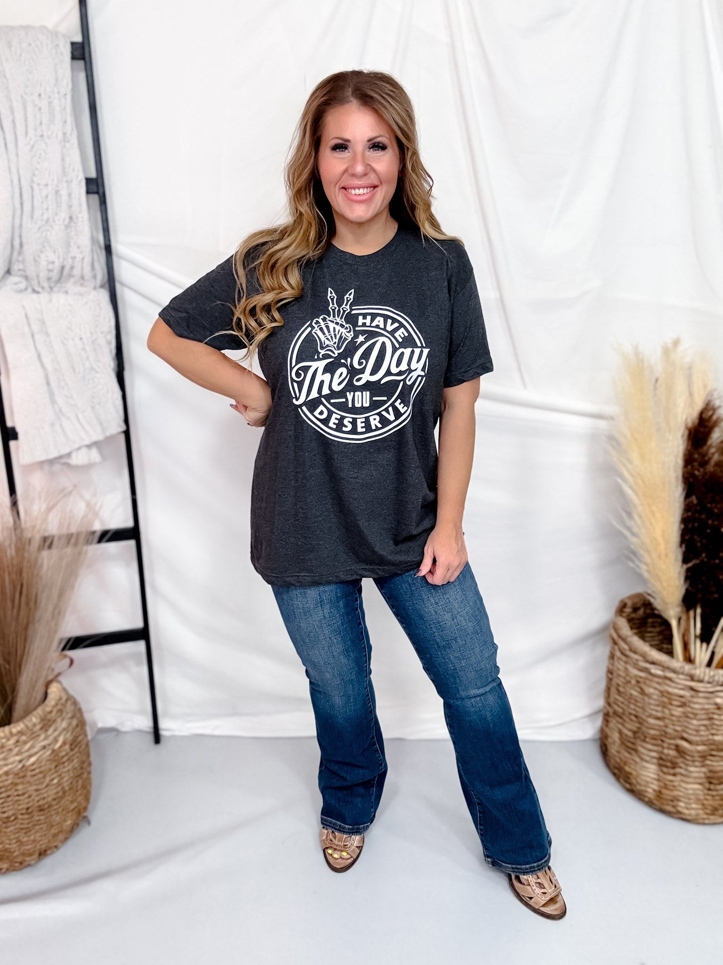 Have The Day You Deserve Short Sleeve Graphic Tee - Whiskey Skies - FESTIVITEES