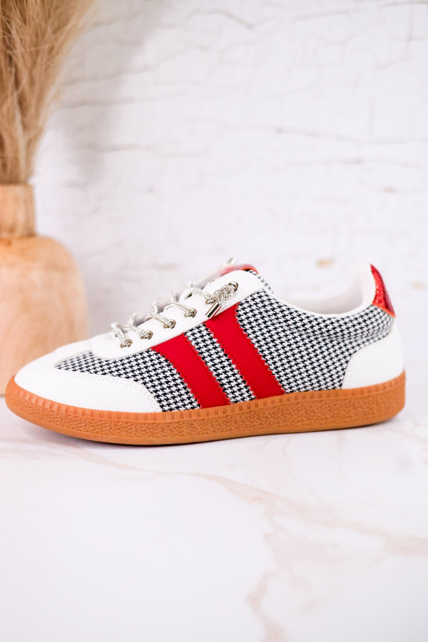Heads Up Black & White Houndstooth Sneakers With Red Stripes - Whiskey Skies - CORKYS FOOTWEAR