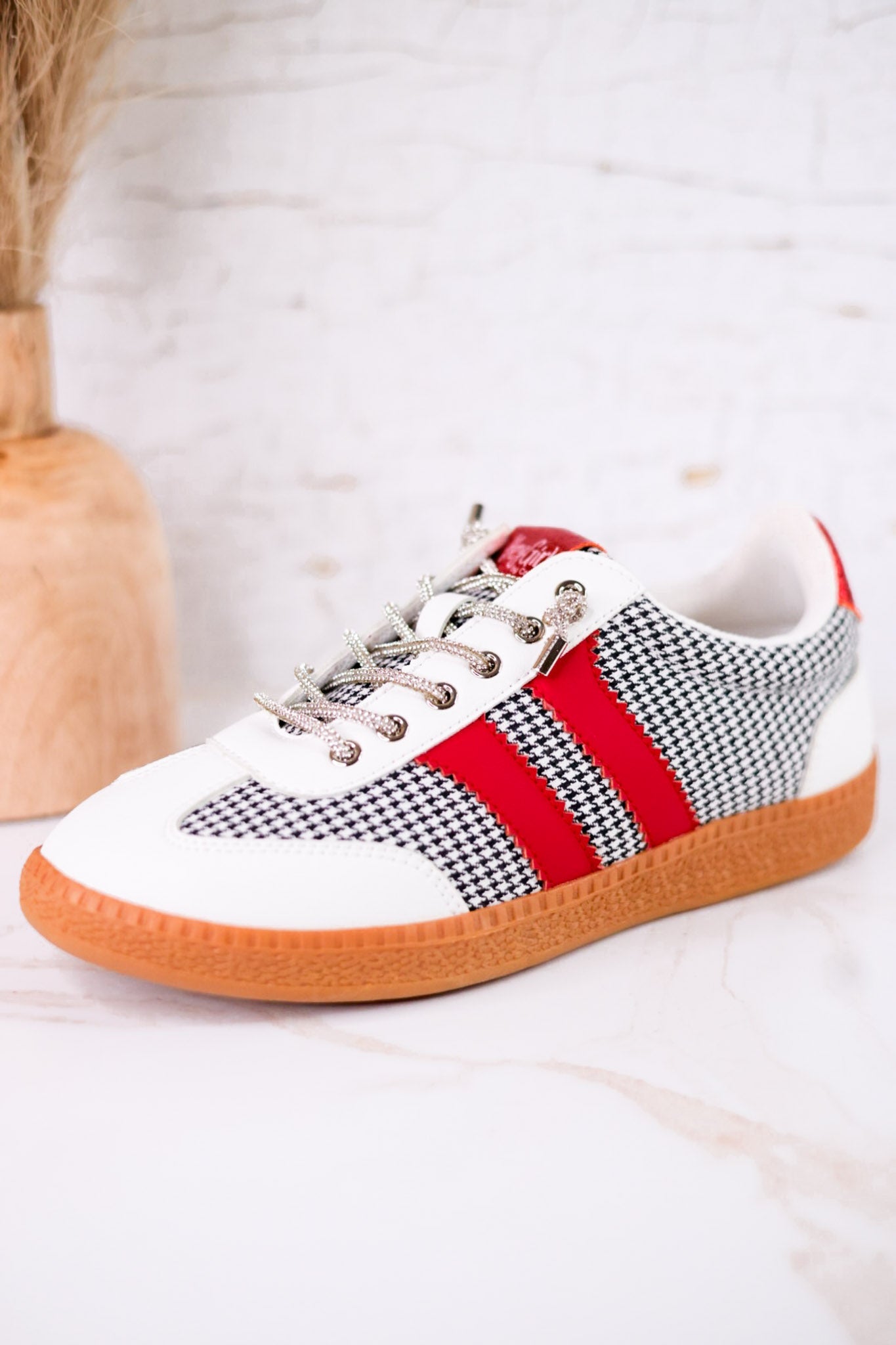 Heads Up Black & White Houndstooth Sneakers With Red Stripes - Whiskey Skies - CORKYS FOOTWEAR