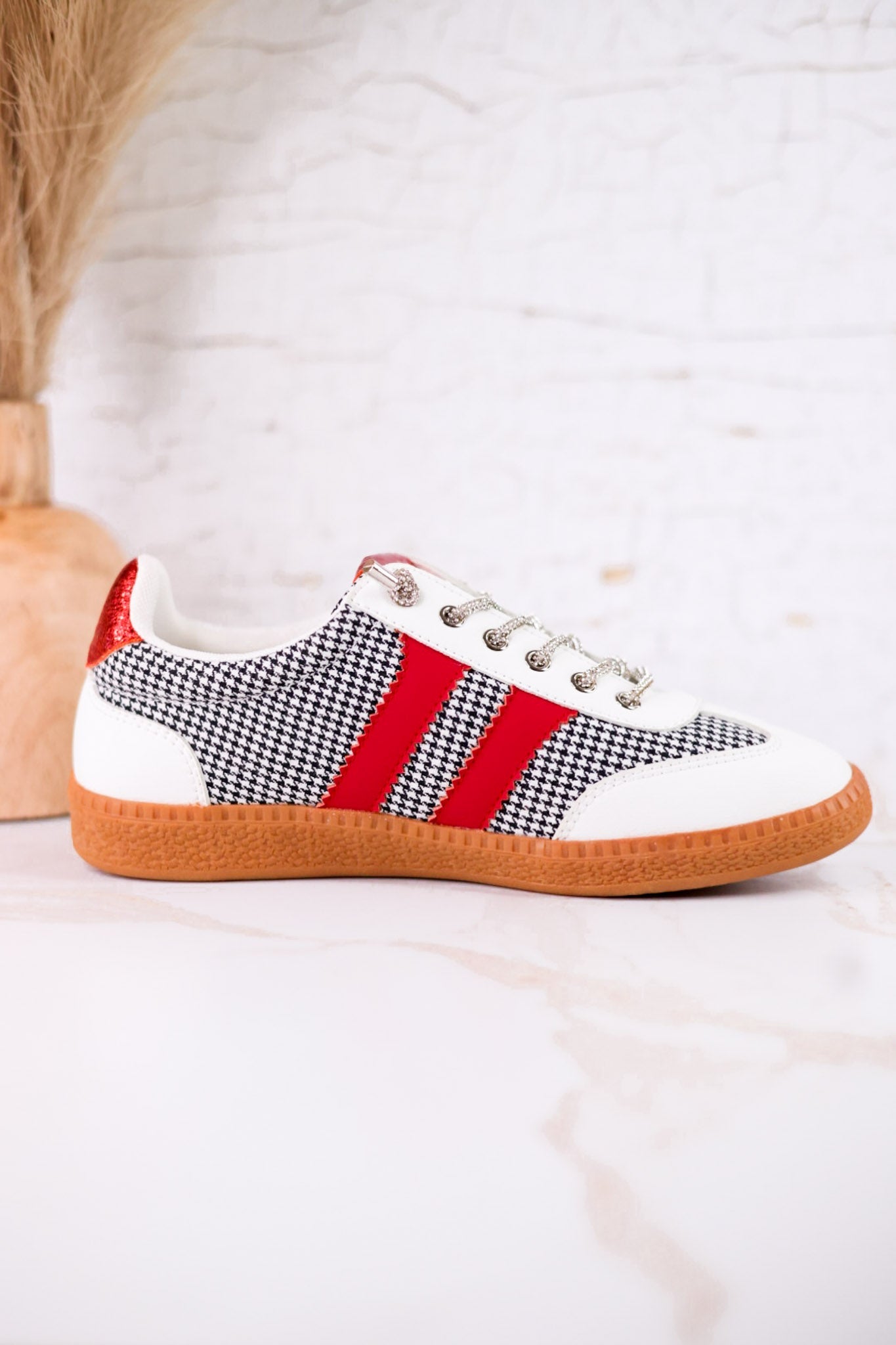 Heads Up Black & White Houndstooth Sneakers With Red Stripes - Whiskey Skies - CORKYS FOOTWEAR