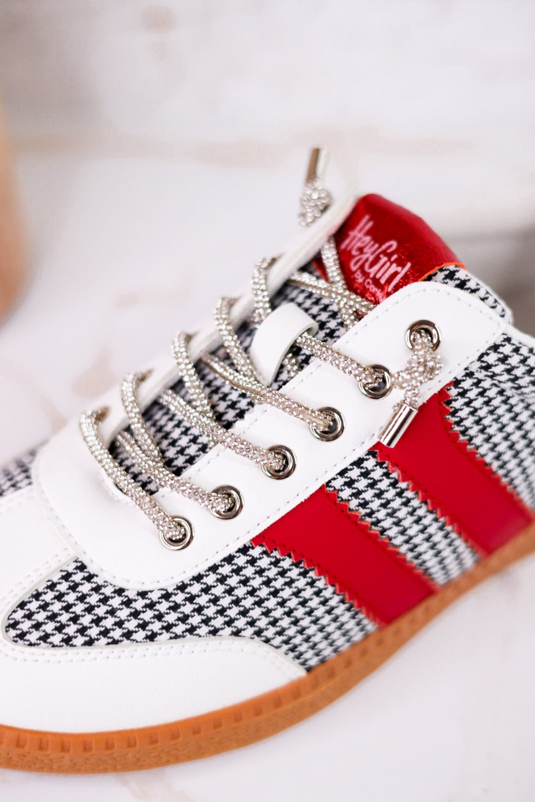 Heads Up Black & White Houndstooth Sneakers With Red Stripes - Whiskey Skies - CORKYS FOOTWEAR