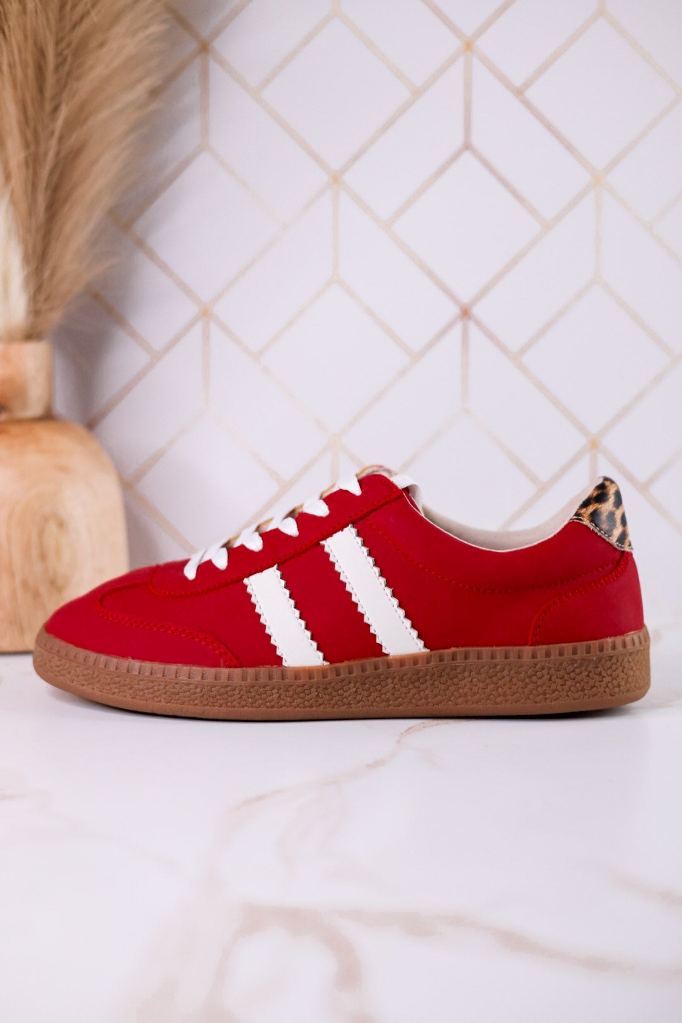 Heads Up Classic Red Sneakers With Leopard Print Heel Tab - Whiskey Skies - CORKYS FOOTWEAR
