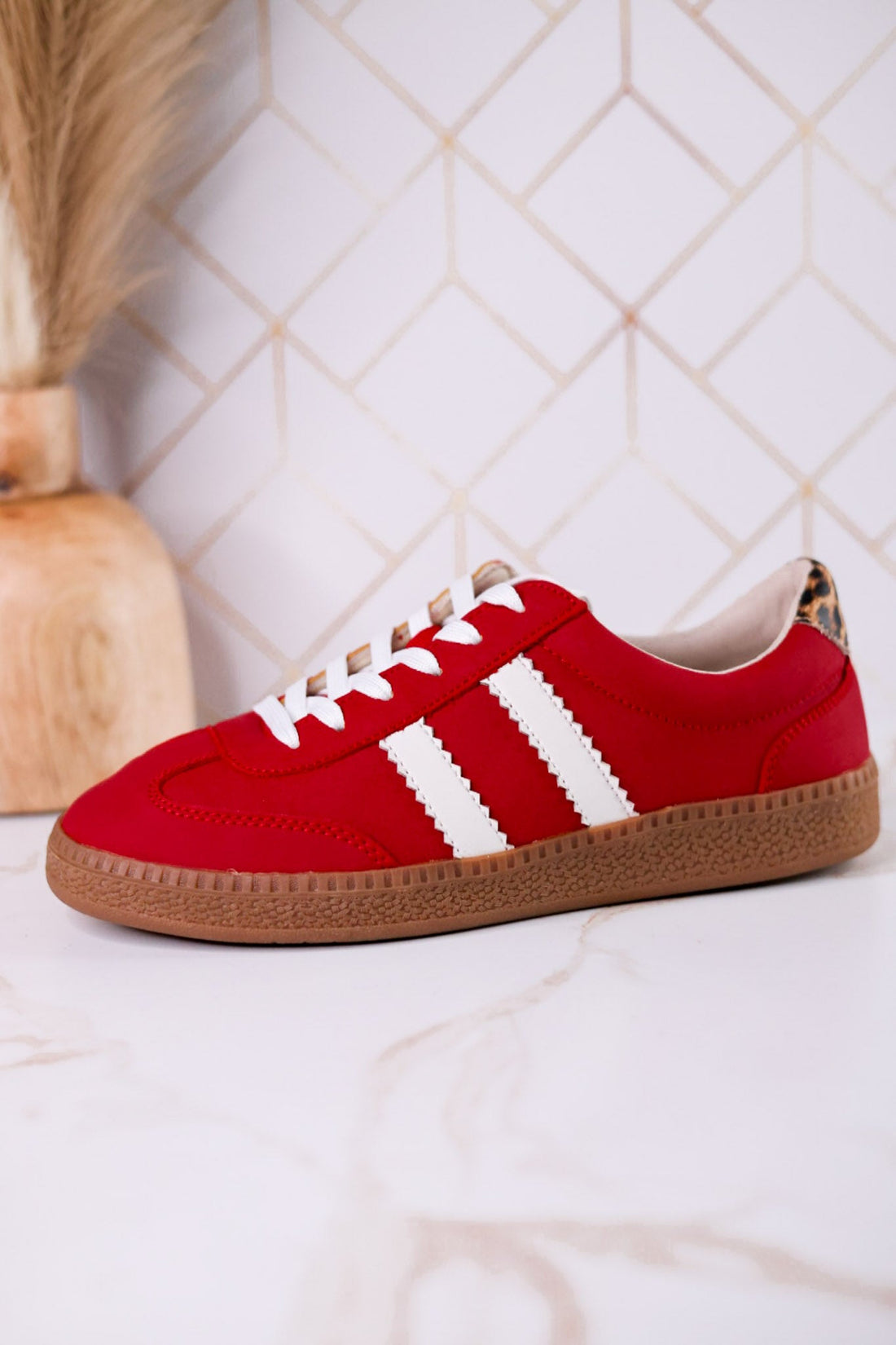 Heads Up Classic Red Sneakers With Leopard Print Heel Tab - Whiskey Skies - CORKYS FOOTWEAR